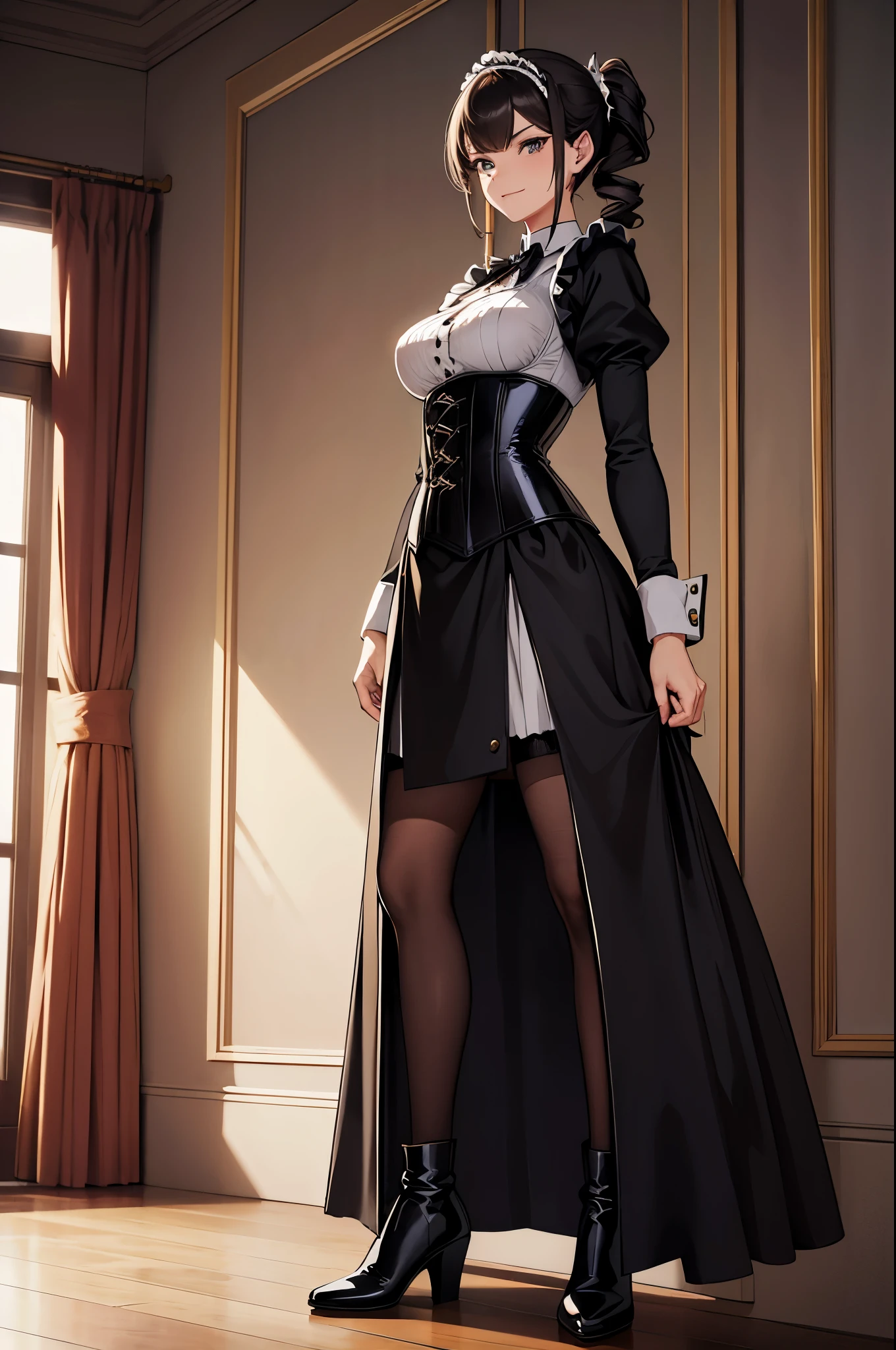 Detailed Image, arrogant woman, (30 years), arrogant smile, drill hairstyle, in a maid uniform with a long skirt, in a corset, in knee-high boots, gloved, standing in the living room 