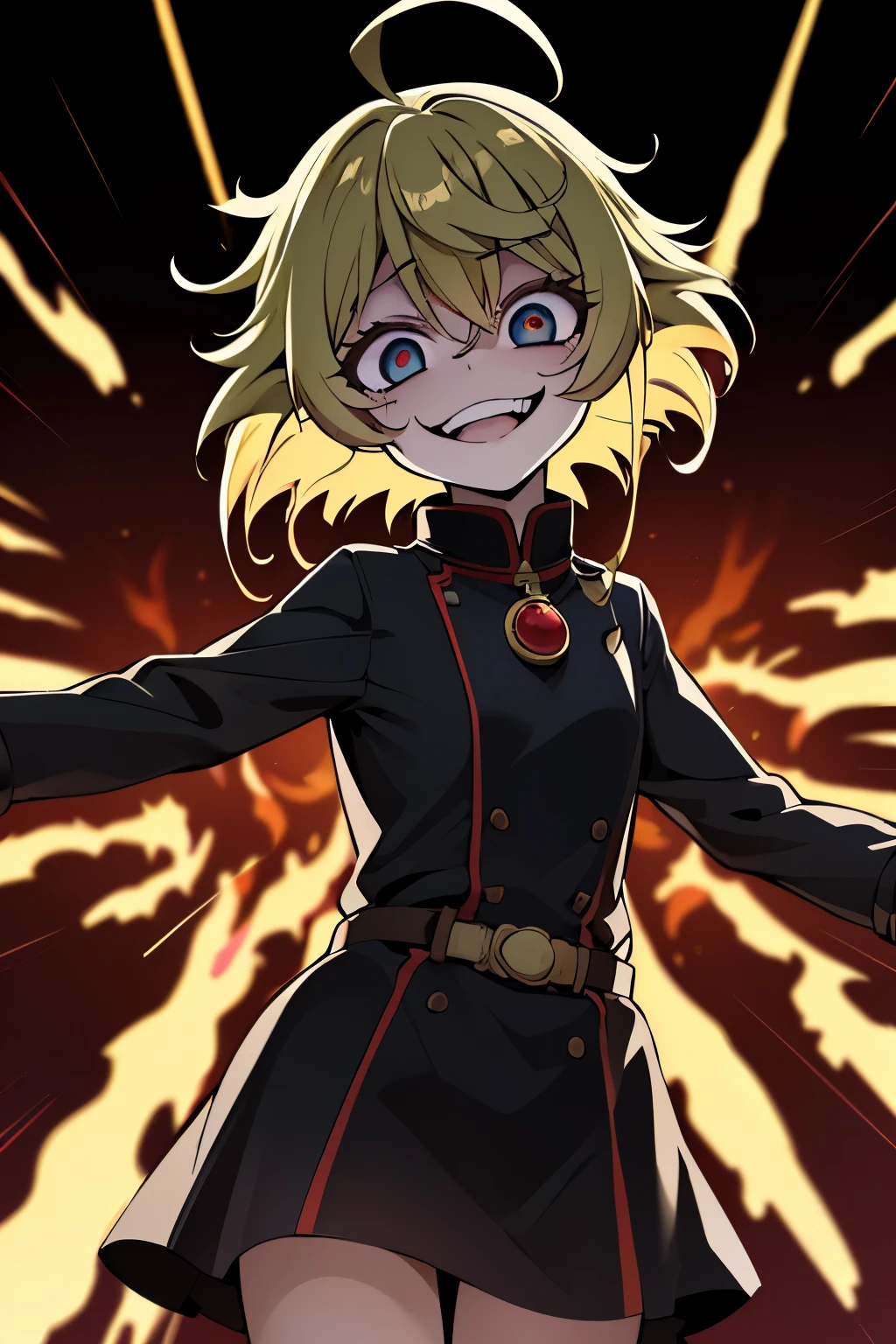 Tanya Senki Tanya Degurechaff, best quality, crazy smile, scary smile, evil smile, uneasy smile, teasing smile, grin, lewd smile, malicious smile, creepy smile, moody bad, gap moe, yandere, dark, horror, horror manga, horror smile, background (explosive flame, motion-blur, action-lines, speed-lines:1.3)