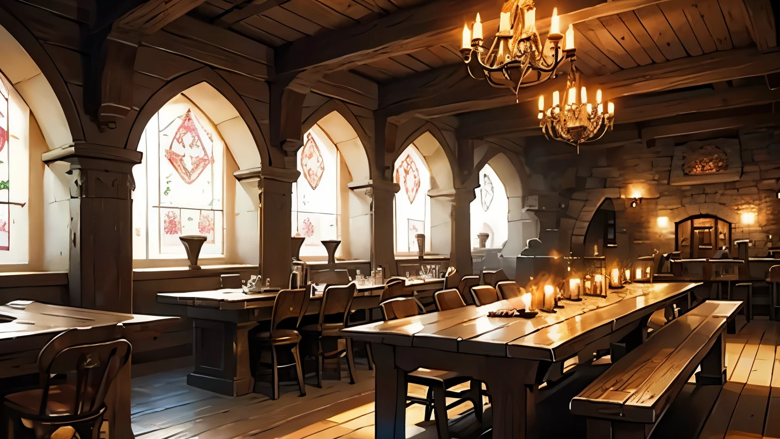 dungeons and dragons medieval tavern, large fire place lighting the area, candles shedding light, tables along the windows with benches with backs, few tables and chairs, white pillar candles at the center of each table, mugs of ale, bowls of hearty stew, bread on wooden plates, a bar with bottles of different sizes and shapes on the shelf behind it, stools, candles, no electricity