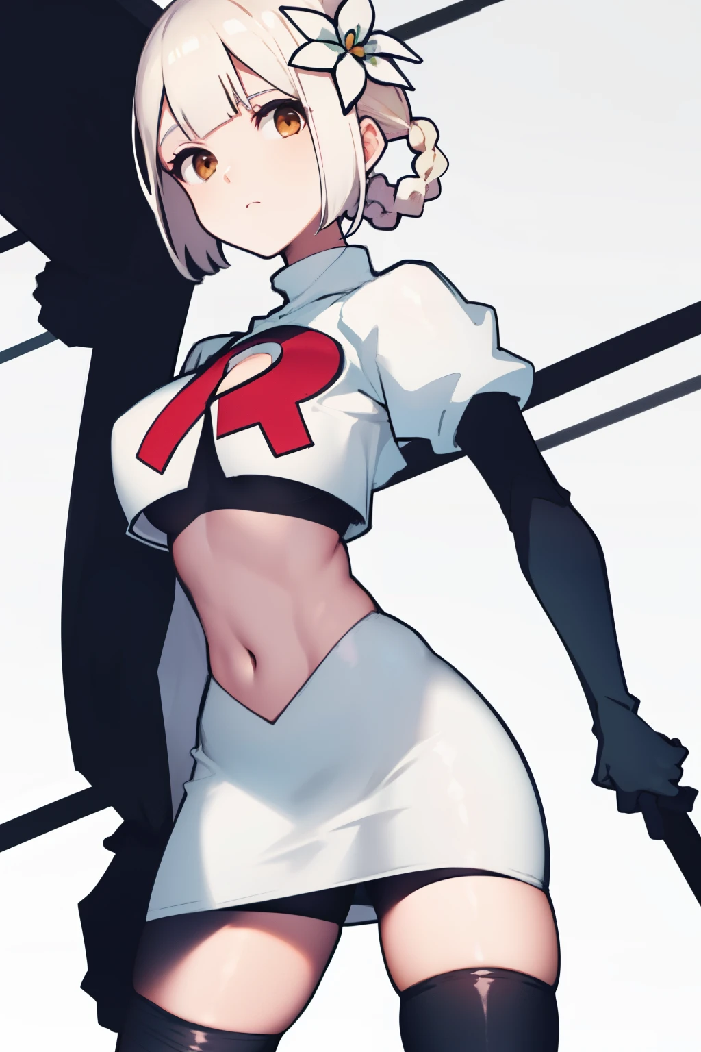 kaine \(nier\), 1girl, bandages, bangs, blonde hair, blunt bangs, braid, brown eyes,  hair flower, hair ornament, nier \(series\), short hair, single braid, solo, white background, white flower, white hair, expressionless, medium breasts, team rocket,team rocket uniform, red letter R, white skirt,white crop top,black thigh-highs,black elbow gloves