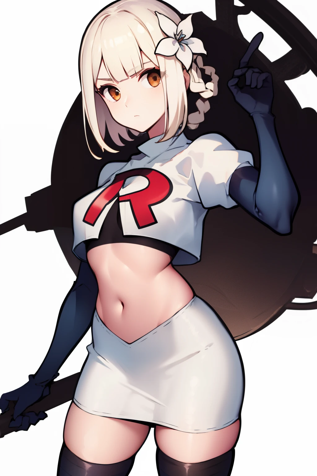 kaine \(nier\), 1girl, bandages, bangs, blonde hair, blunt bangs, braid, brown eyes,  hair flower, hair ornament, nier \(series\), short hair, single braid, solo, white background, white flower, white hair, expressionless, medium breasts, team rocket,team rocket uniform, red letter R, white skirt,white crop top,black thigh-highs,black elbow gloves