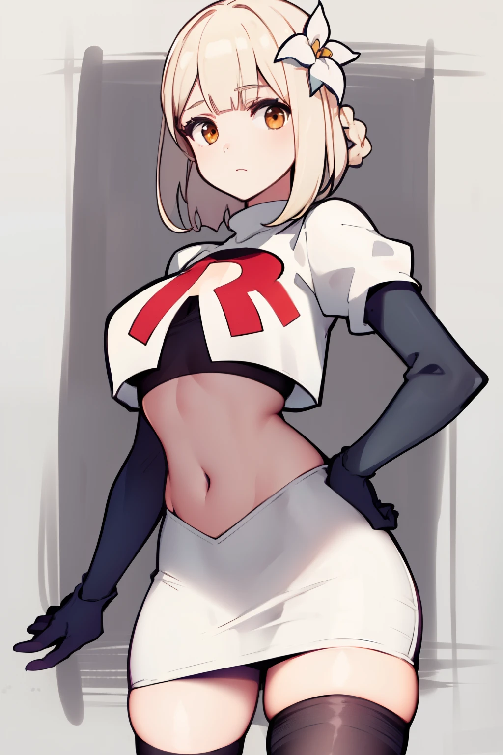 kaine \(nier\), 1girl, bandages, bangs, blonde hair, blunt bangs, braid, brown eyes,  hair flower, hair ornament, nier \(series\), short hair, single braid, solo, white background, white flower, white hair, expressionless, medium breasts, team rocket,team rocket uniform, red letter R, white skirt,white crop top,black thigh-highs,black elbow gloves