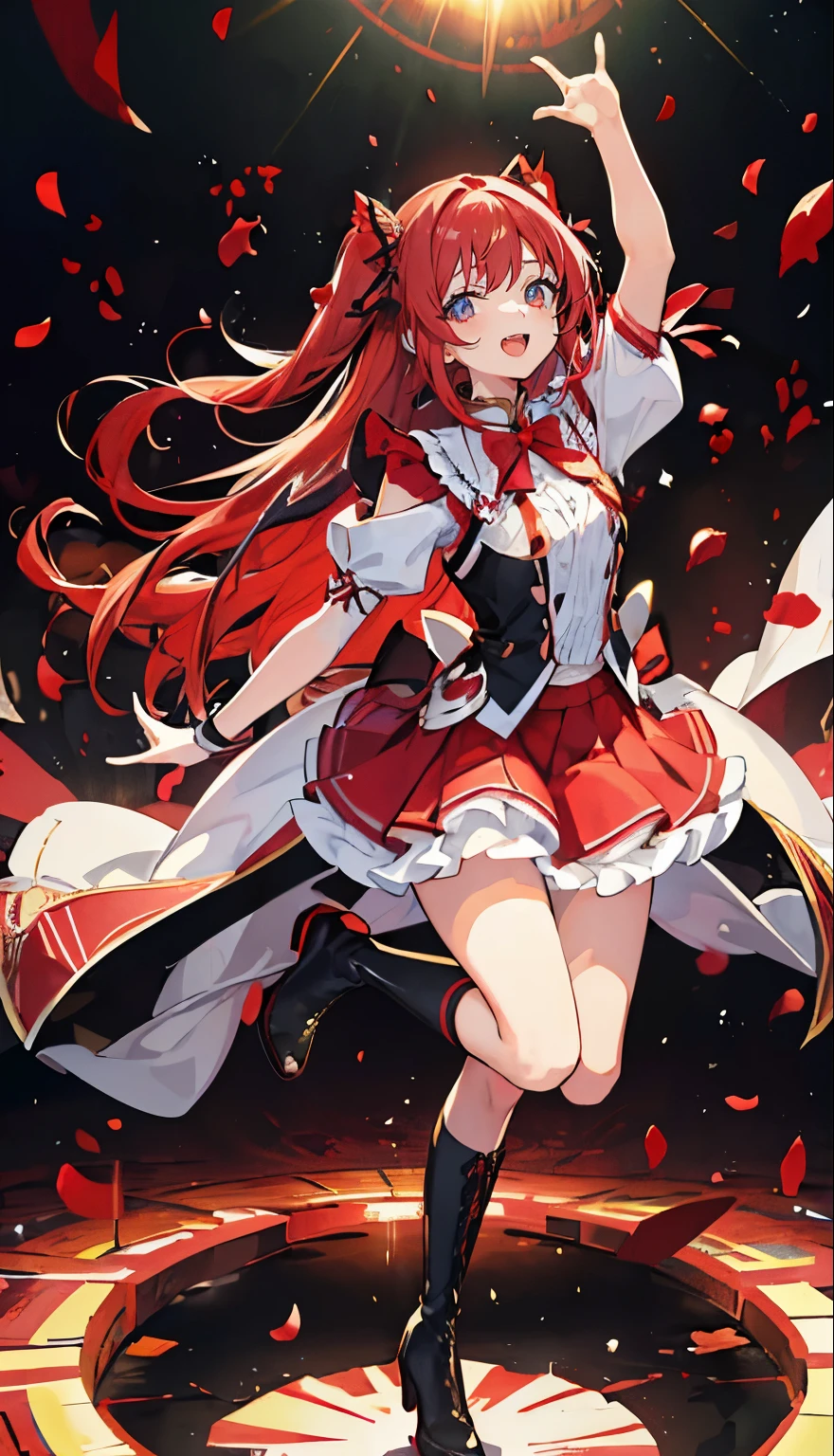 (muste piece), (best quality), very detailed, ((1 girl)), solo full body shot,Viewer's perspective,dynamic,jump,(smile),wink,perfect face, beautiful face, very detailedな顔,((Scarlet-colored hair_straight long hair_Scarlet-colored eyes:1.3)),Gorgeous idol costumes,ruffle skirt,solo idol,ribbon hair ornament,ribbon boots,knee high socks,concert dome,live,have a microphone,singing,smiling with mouth wide open,Laser Light,Spotlight,Lots of confetti、A large amount of petals dance