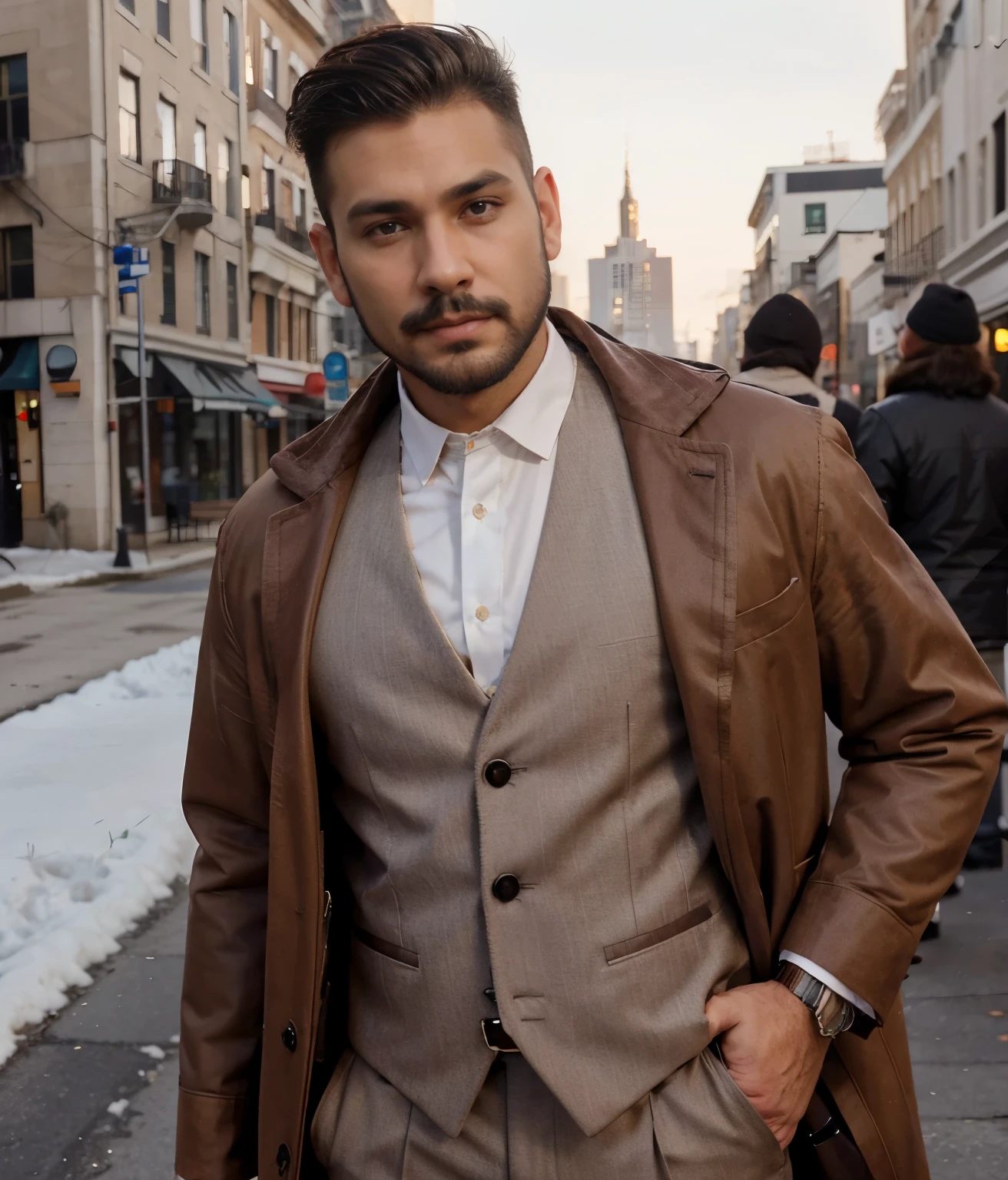 Buetifull man with a full dark  hazel brown beard and white skin, has short brown hair thats comed to the side, shaved sides,. Wearing a brown coat with a blsck suit vest and grey suit pants, strong hawline and cheekbones, has dimples, full beard, white skin, standing outside, close up of face, lookigns straight st camera, pale skin, square face type, wearing fur coat, very handsome man posing, has mustache, latino, has a mustache,