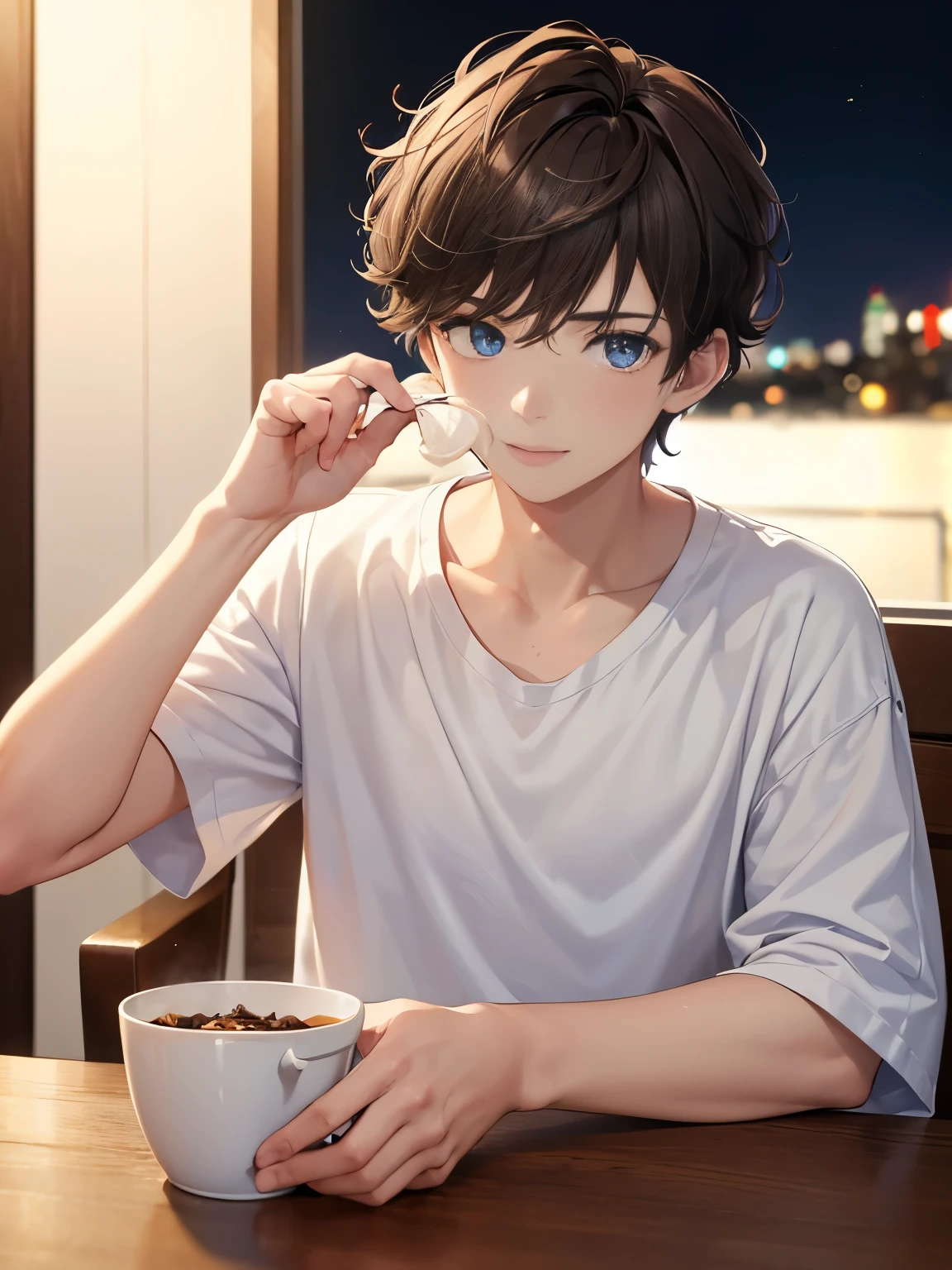 1boy,guy,Eating at the dinner table,Slight smile,at night,blue eyes,18 years old,Curly hair,medium hair,undercut hairstyle,light brown hair,Plain t-shirt, white t-shirt,white trousers,ultra detail, perfect face, hd face, detailed face, masterpiece