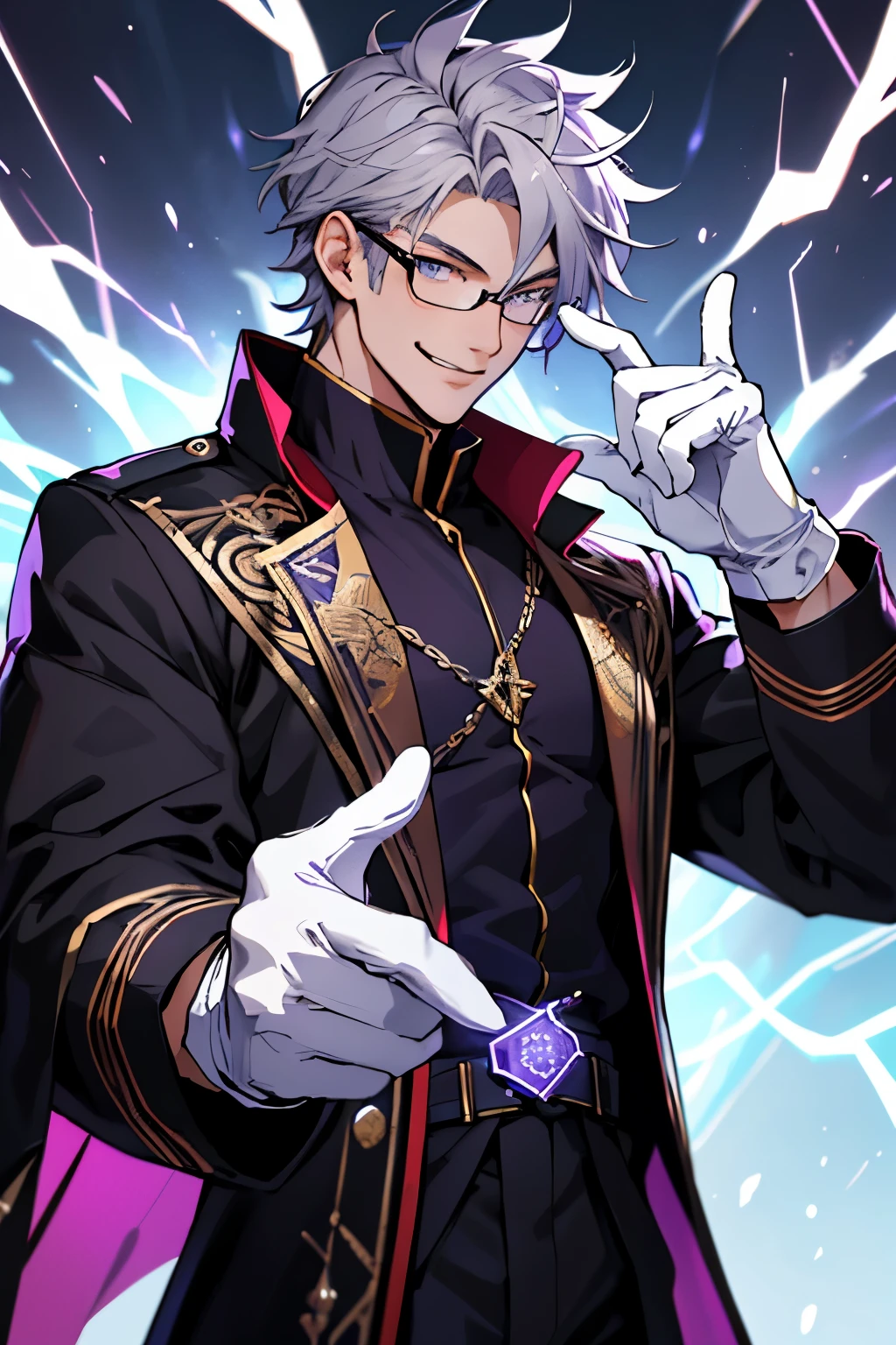 Beautiful young man with gray hair and glasses。eyes are red。Black coat with classic design decorations、white gloves。Grinning, he holds out his right hand and manipulates purple lightning magic.。The background is a purple magic square。