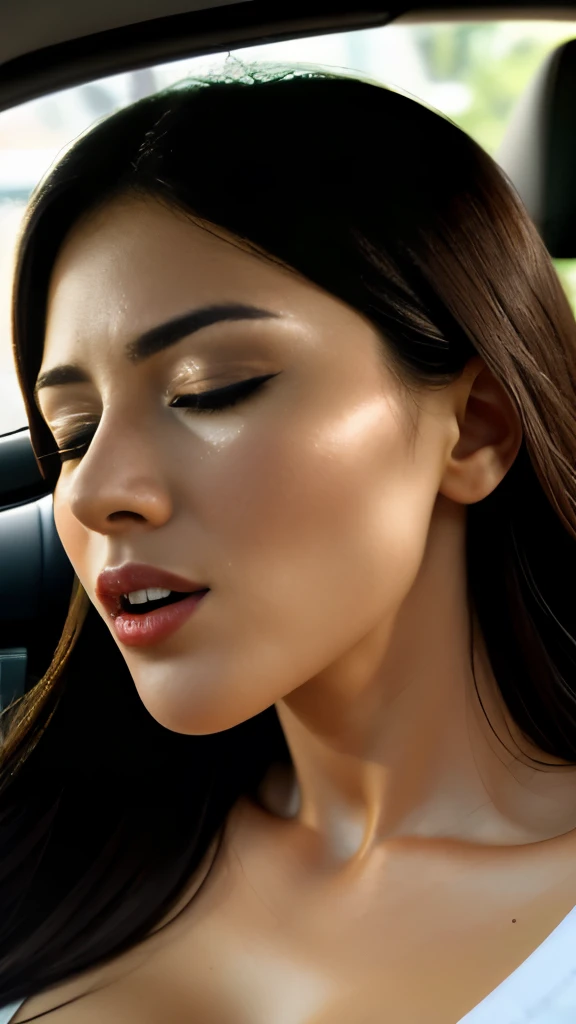 masterpiece, award - winning photo, Extremely detailed, edge Orgasm, Face Focus, Face Close-up, Woman with mouth open and eyes closed , Woman with Edge Face, 25 year old, CNN News Anchor, Glossy skin, In the car, NSFW, large breasts, narrow and sharp nose, from below, look up to