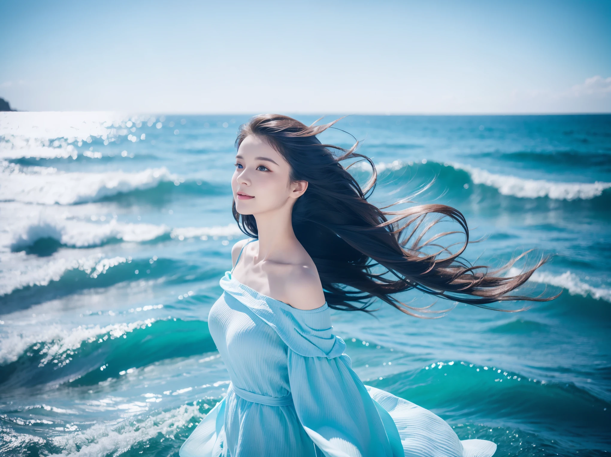 black hair, long whitr hair,Big waves, with a round face, dimple, ssmile, white dresses, Bigchest, Single Eyelids, 8k, super detail