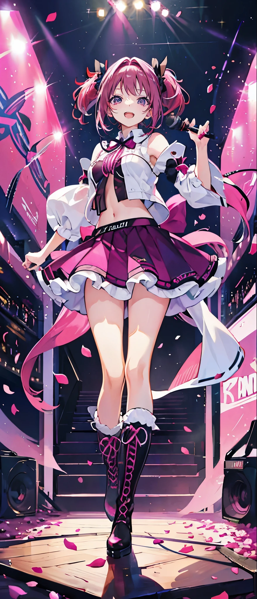 (muste piece), (best quality), very detailed, ((1 girl)), solo full body shot,Viewer's perspective,dynamic,jump,(smile),wink,perfect face, beautiful face, very detailedな顔,((Magenta hair_long hair_Magenta eyes:1.3)),Gorgeous idol costumes,ruffle skirt,solo idol,ribbon hair ornament,ribbon boots,knee high socks,concert dome,live,have a microphone,singing,smiling with mouth wide open,Laser Light,Spotlight,Lots of confetti、A large amount of petals dance