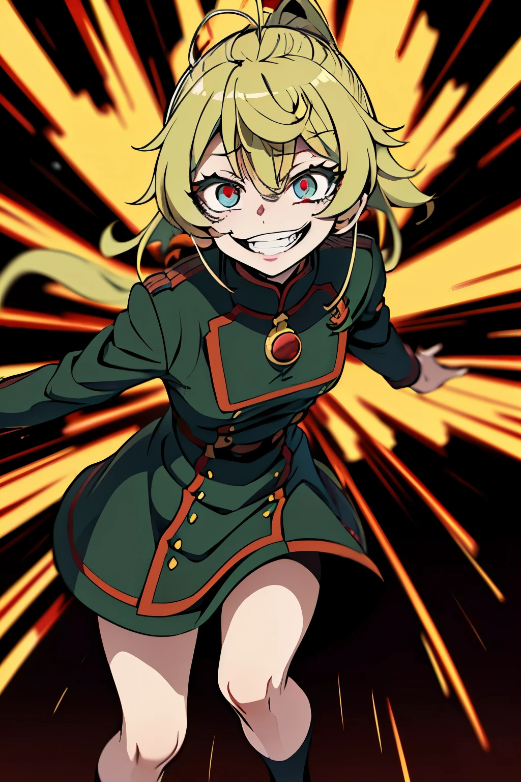 Tanya Senki Tanya Degurechaff, best quality, crazy smile, scary smile, evil smile, uneasy smile, teasing smile, grin, lewd smile, malicious smile, creepy smile, moody bad, gap moe, yandere, dark, horror, horror manga, horror smile, background (explosive flame, motion-blur, action-lines, speed-lines:1.3)