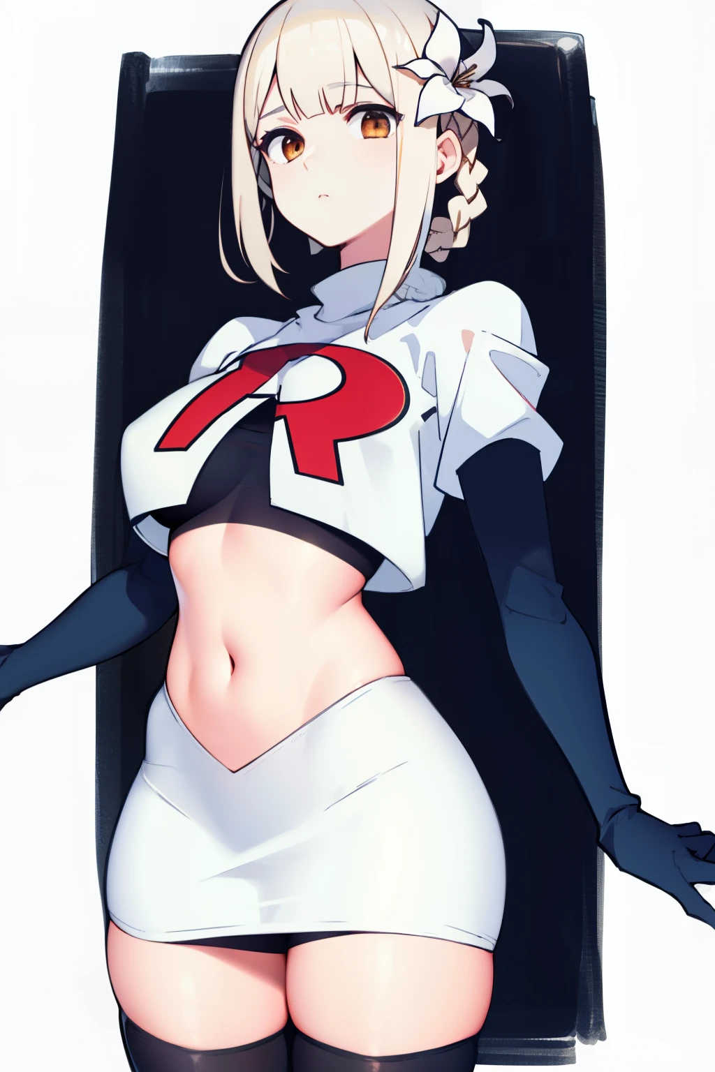 kaine \(nier\), 1girl, bandages, bangs, blonde hair, blunt bangs, braid, brown eyes,  hair flower, hair ornament, nier \(series\), short hair, single braid, solo, white background, white flower, white hair, expressionless, medium breasts, team rocket,team rocket uniform, red letter R, white skirt,white crop top,black thigh-highs,black elbow gloves