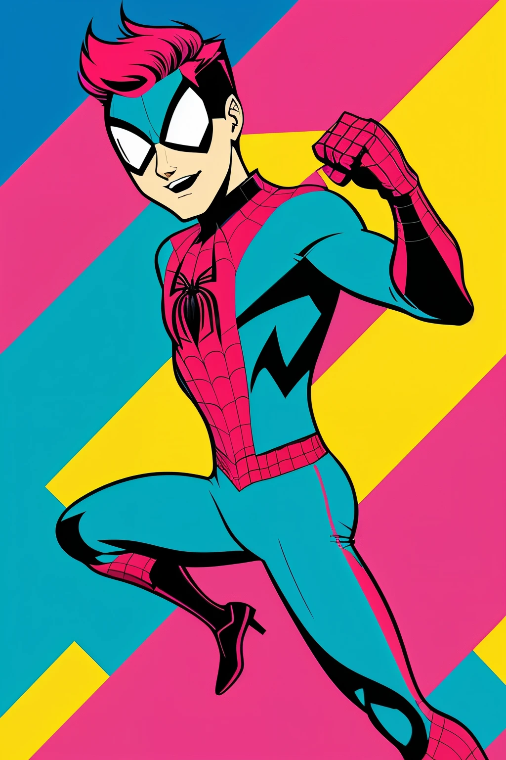 Vibrant and dynamic comic book-style art comes to life with pop culture references and a retro aesthetic. Bold colors and energetic lines bring Spider-Man characters to the forefront, infused with a modern twist. Two abstract shapes intertwine in the background, reminiscent of vintage advertisements. Urban landscapes and typography add depth and texture to the scene. Iconic symbols and celebrities make a cameo appearance, adding an extra layer of excitement and nostalgia. This stunning piece, captured in an ar 1:1 ratio (s2), is sure to leave a lasting impression.