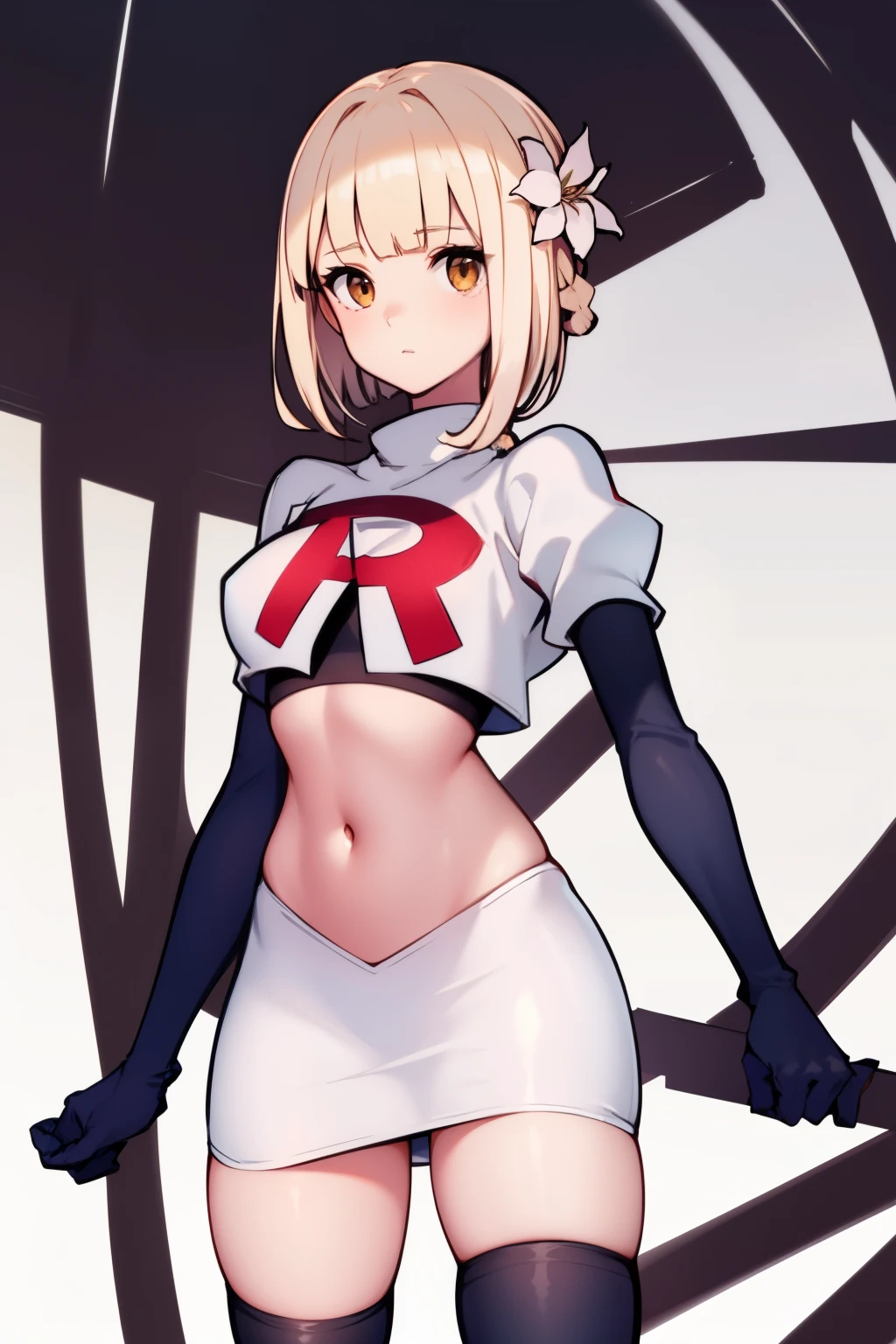 kaine \(nier\), 1girl, bandages, bangs, blonde hair, blunt bangs, braid, brown eyes,  hair flower, hair ornament, nier \(series\), short hair, single braid, solo, white background, white flower, white hair, expressionless, medium breasts, team rocket,team rocket uniform, red letter R, white skirt,white crop top,black thigh-highs,black elbow gloves