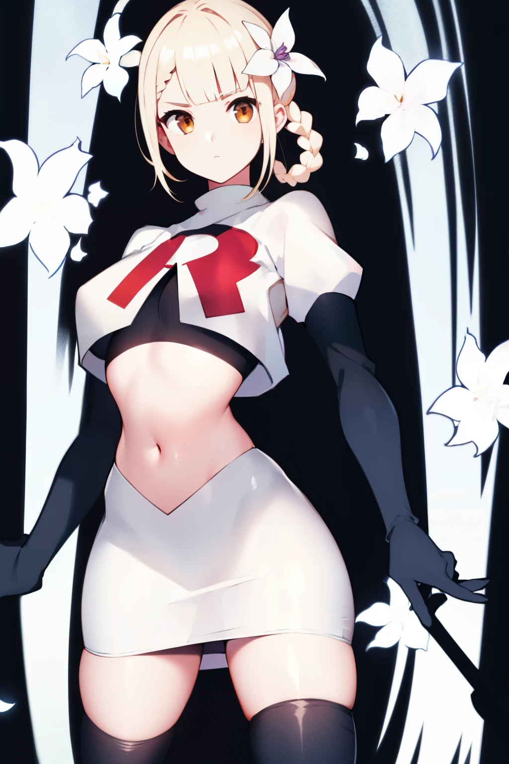 kaine \(nier\), 1girl, bandages, bangs, blonde hair, blunt bangs, braid, brown eyes,  hair flower, hair ornament, nier \(series\), short hair, single braid, solo, white background, white flower, white hair, expressionless, medium breasts, team rocket,team rocket uniform, red letter R, white skirt,white crop top,black thigh-highs,black elbow gloves