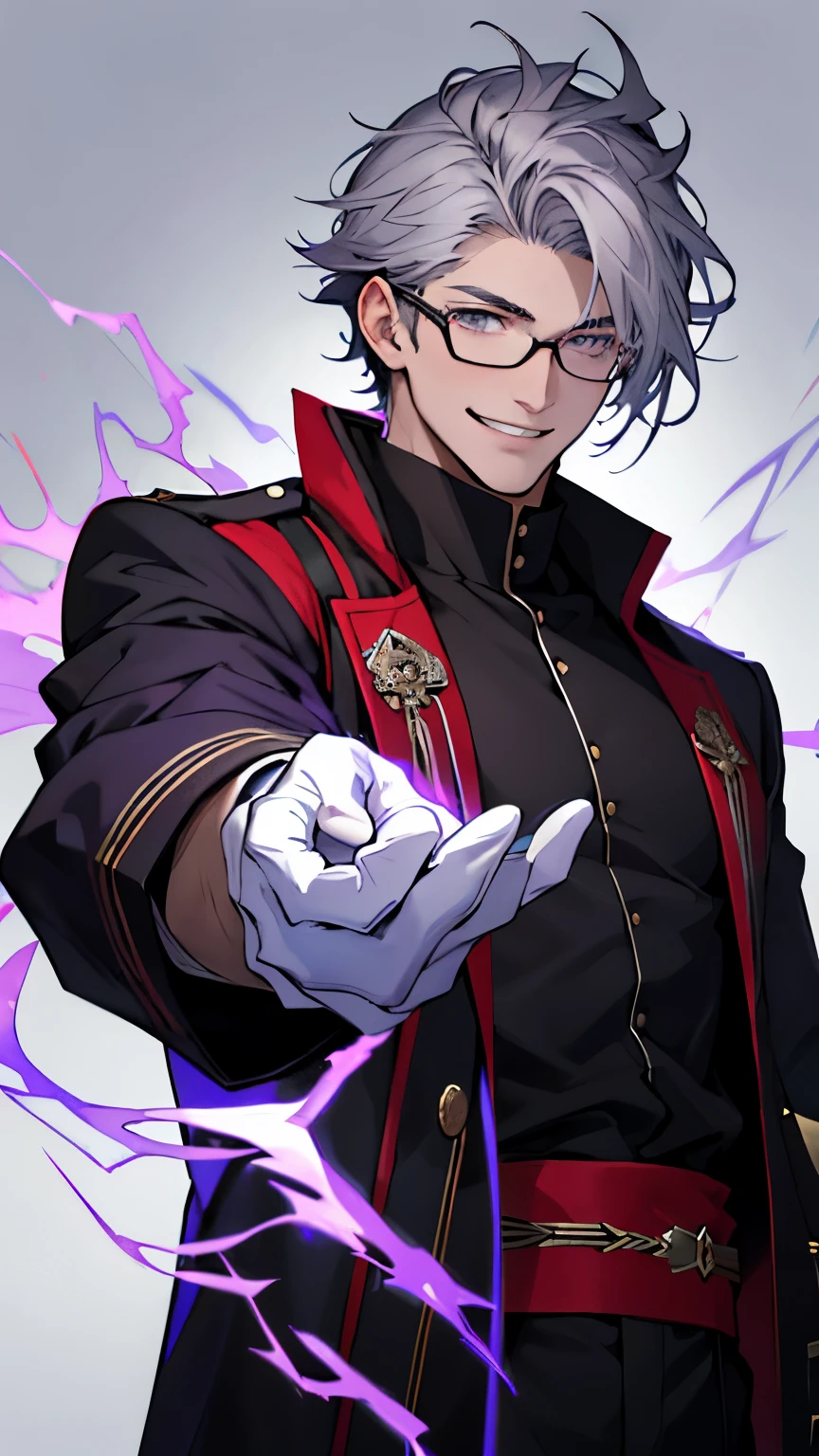 Beautiful young man with gray hair and glasses。eyes are red。Black coat with classic design decorations、white gloves。Grinning, he holds out his right hand and manipulates purple lightning magic.。The background is a purple magic square。