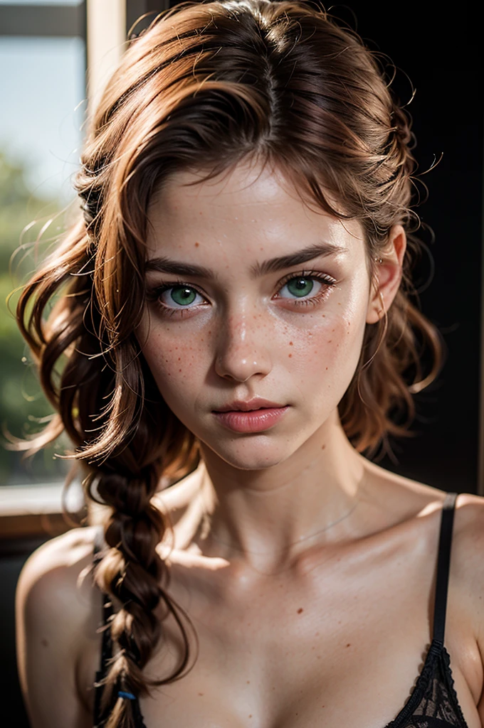 hyperrealism, photorealism, masterpiece, best quality, perfect detail, perfect lighting, beautiful young girl, red hair, long braid, freckles on face, green eyes, skinny, small breasts, pink bra, photorealistic portrait, simple black background, bokeh, grain  films.