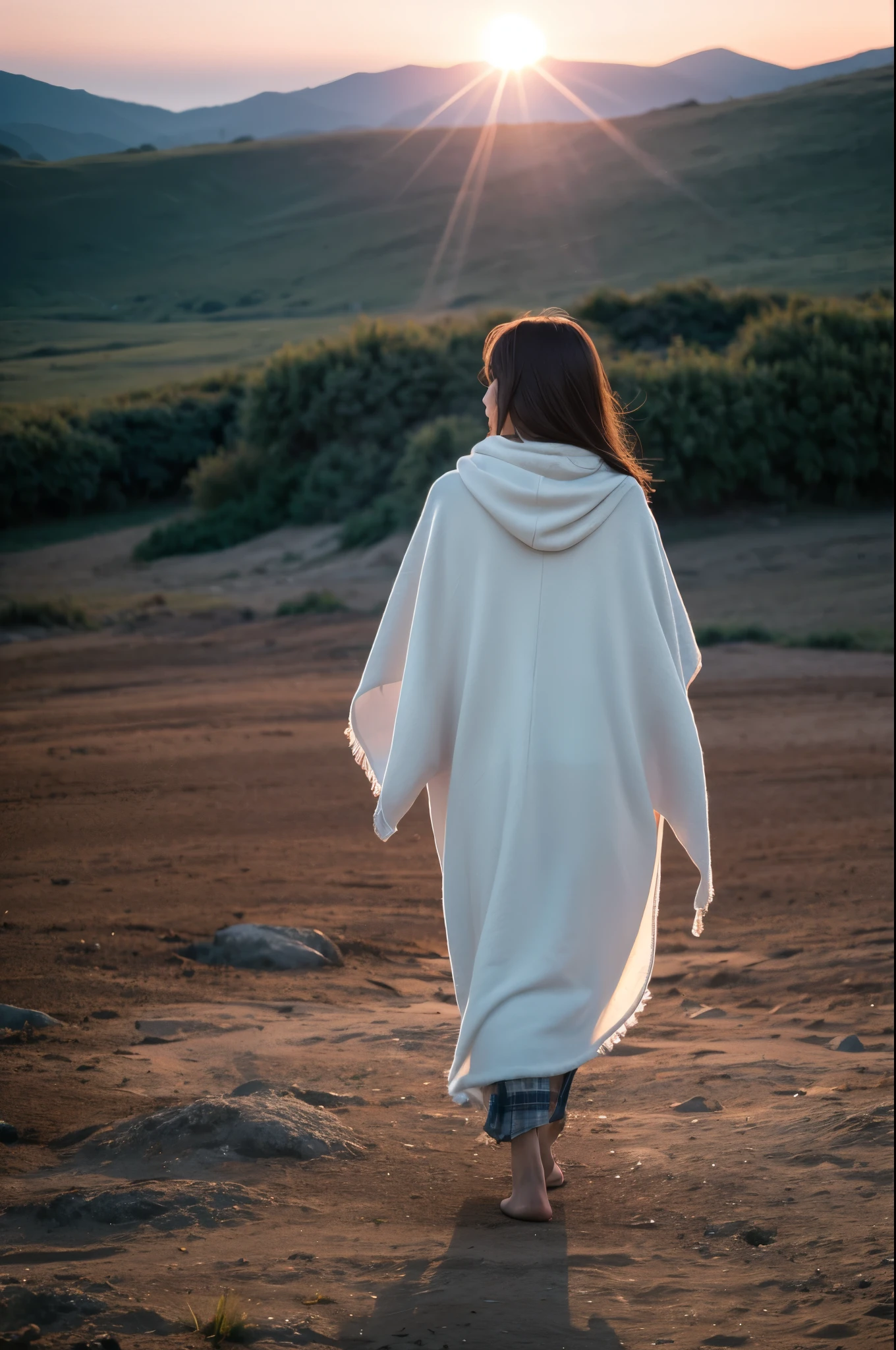 Young Woman Wrapped Blanket Walking Toward Tent During Sunrise, (sharp focus:1.2), extremely detailed, (photorealistic:1.4), (RAW image, 8k high resolution:1.2), RAW candid cinema, 16mm, color graded Portra 400 film, ultra realistic, subsurface scattering, ray tracing, (volumetric lighting)