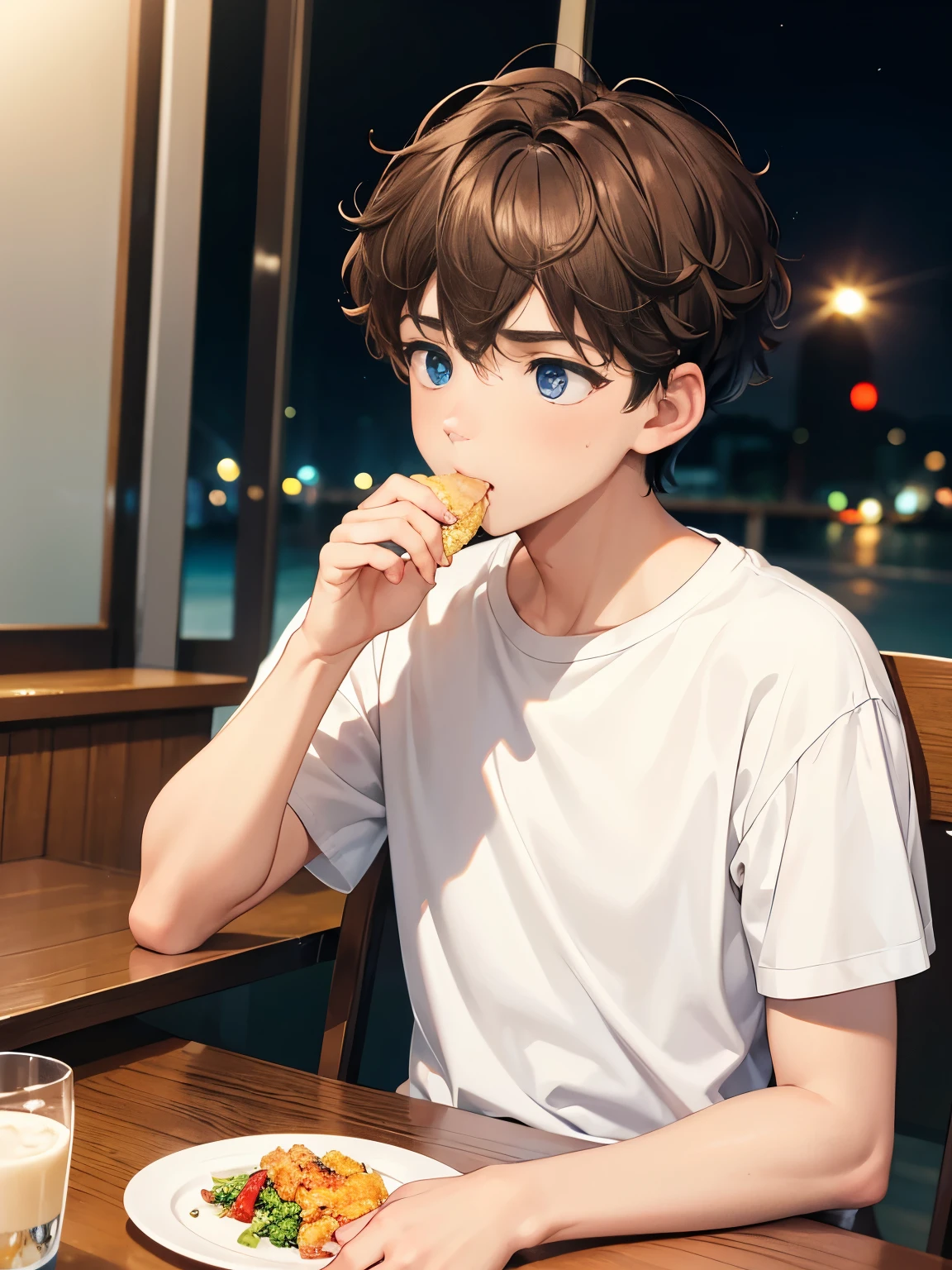 1boy,guy,Eating at the dinner table,Looking away, a confused expression,at night,blue eyes,18 years old,Curly hair,medium hair,undercut hairstyle,light brown hair,Plain t-shirt, white t-shirt,white trousers,ultra detail, perfect face, hd face, detailed face, masterpiece