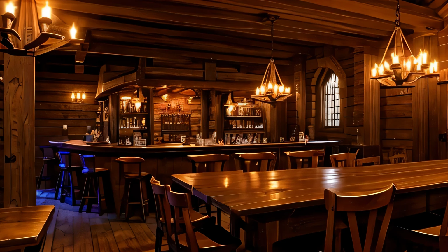 dungeons and dragons medieval tavern, large fire place lighting the area, candles shedding light, tables along the windows with benches with backs, few tables and chairs, white pillar candles at the center of each table, mugs of ale, bowls of hearty stew, bread on wooden plates, a bar with bottles of different sizes and shapes on the shelf behind it, stools, candles, no electricity