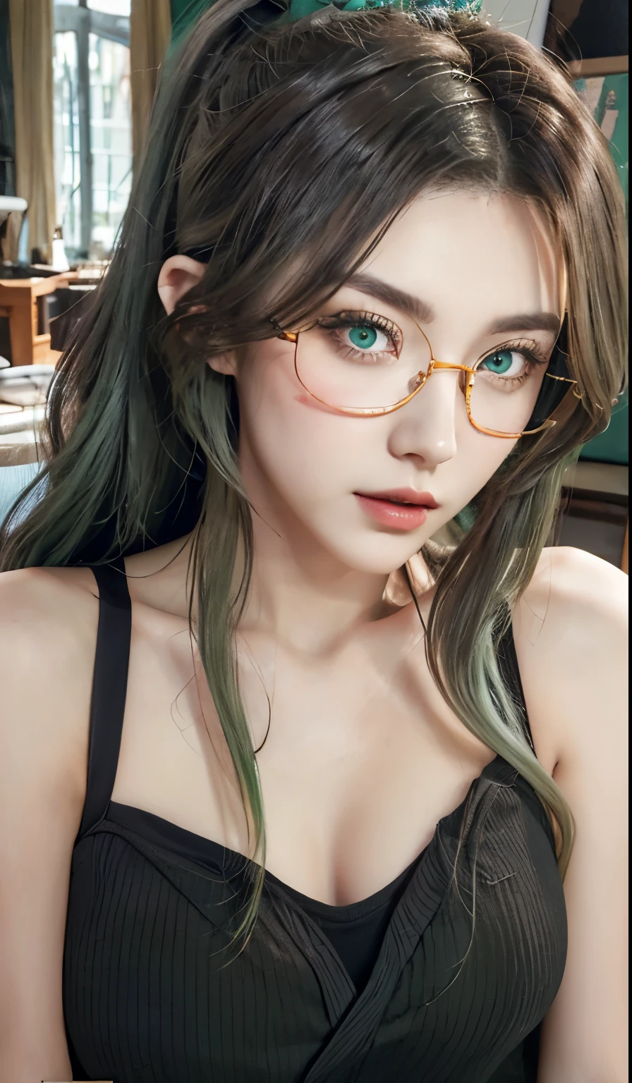 realistic style, Most models | artistic germ, Realistic art style, seductive girl, Attractive girl, beautiful portrait, Smooth CG art，Long ponytail hairstyle，green hair and gray hair, Good-looking hair accessories, light green eyes，Wearing red glasses，half rim glasses，wear glasses，very long hair，