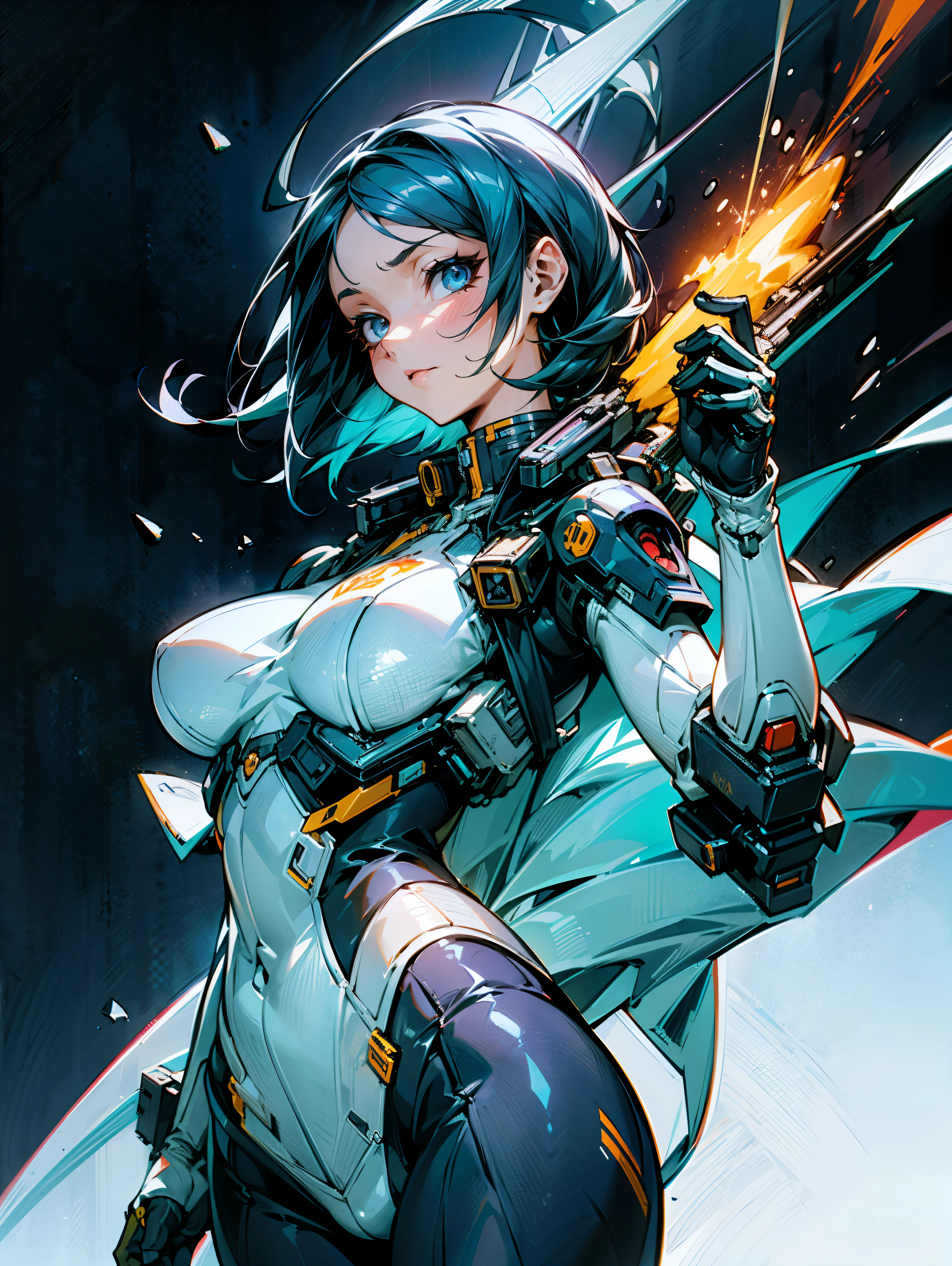 Una mujer atractiva y muy sexy, using a sophisticated sci-fi Bery suit to pilot mechas, detalles intrincados, Maximum Resolution, 8K, Formato RAW, pose de heroina valiente, phone wallpaper, tetas regulares Y caderas grandes, pale skin, ojos naranjas, cabello azul corto y desordenado, gothic makeup, natural tits physics, cara y ojos detallados, hyperealism, diosa majestuosa, presentando sus atributos, Fondo detallado de las ruinas de la ciudad., partes del cuerpo del robot, sequence of images of something or someone in motion, en plena guerra, movimiento, explosiones, disparos, armas, pistolas detalladas, Fumar, fireguns, volando en el aire con jetpack, expression of fury, enojo, frenetismo, toma abierta