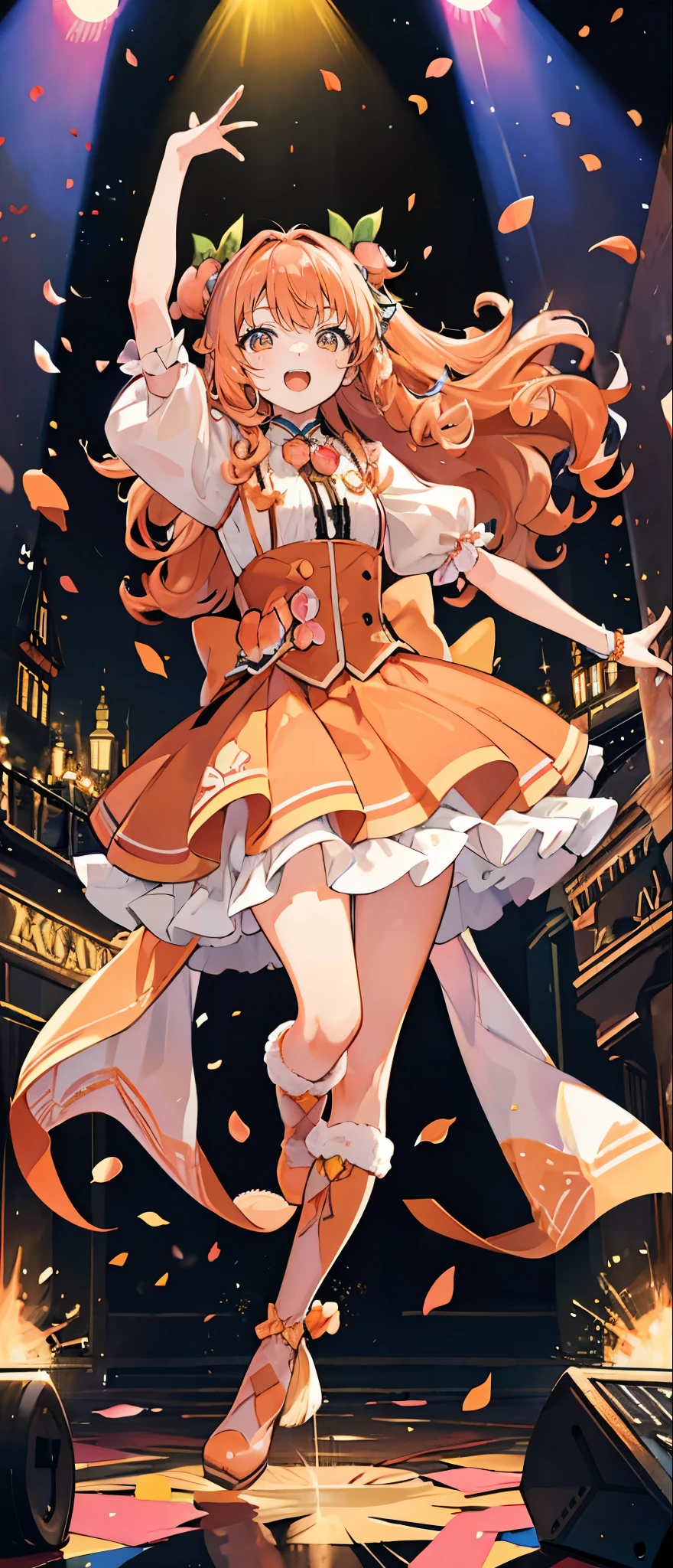 (muste piece), (best quality), very detailed, ((1 girl)), solo full body shot，Viewer&#39;s perspective，dynamic，jump，(smile)，wink，perfect face, beautiful face, very detailedな顔，((peach colored hair_curly long hair_peach colored eyes:1.3))，Gorgeous idol costumes，ruffle skirt，solo idol，ribbon hair ornament，ribbon boots，knee high socks，concert dome，live，have a microphone，singing，smiling with mouth wide open，Laser Light，Spotlight，Lots of confetti、A large amount of petals dance