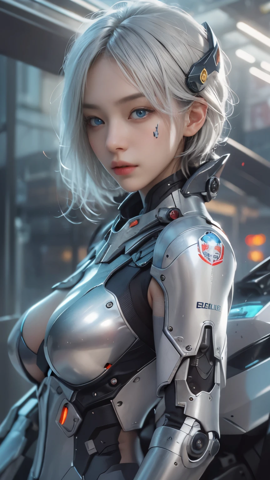 Highest image quality, outstanding details, ultra-high resolution, (realism: 1.4), the best illustration, favor details, highly condensed 1girl, with a delicate and beautiful face, dressed in a black and silver mecha, wearing a mecha helmet, holding a directional controller, riding on a motorcycle, cool beauty,tall girl,short hair,silver hair,Precisely expresses details such as face and skin texture,beautiful eye, blue eye,double eyelid,delicate skin,slender body shape,alone,medium breasts,the background is a high-tech lighting scene of the future city.