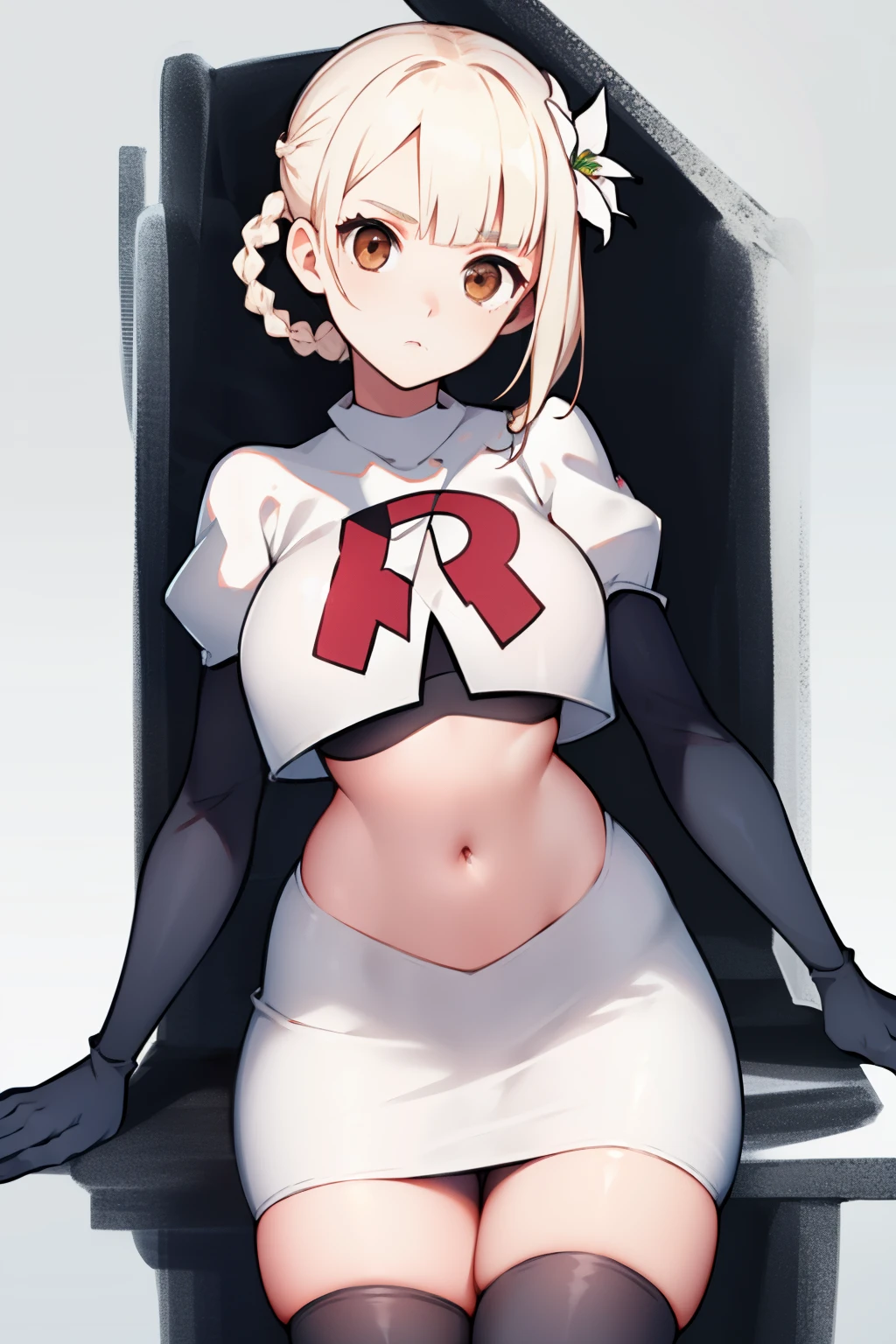 kaine \(nier\), 1girl, bandages, bangs, blonde hair, blunt bangs, braid, brown eyes,  hair flower, hair ornament, nier \(series\), short hair, single braid, solo, white background, white flower, white hair, expressionless, medium breasts, team rocket,team rocket uniform, red letter R, white skirt,white crop top,black thigh-highs,black elbow gloves