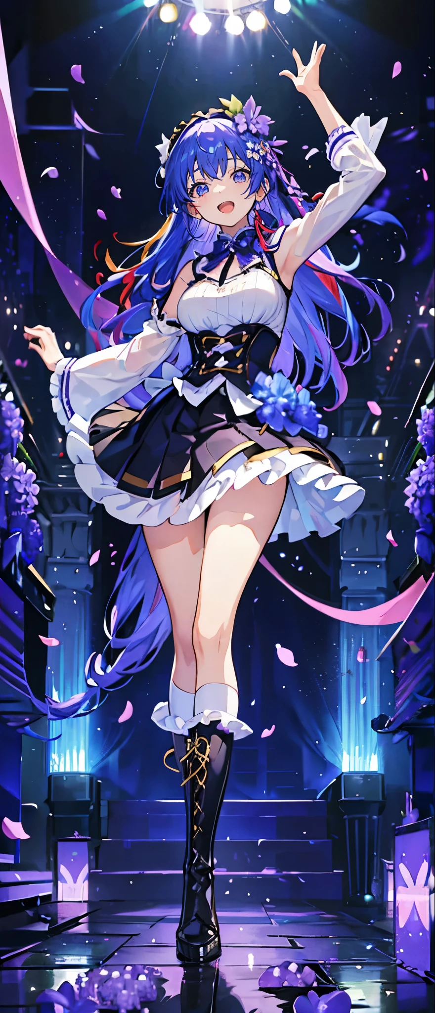 (muste piece), (best quality), very detailed, ((1 girl)), solo full body shot,Viewer's perspective,dancing,(smile),wink,perfect face, beautiful face, very detailedな顔,((hyacinth colored hair_straight long hair_hyacinth eyes:1.3)),Gorgeous idol costumes,ruffle skirt,solo idol,ribbon hair ornament,ribbon boots,knee high socks,concert dome,live,have a microphone,singing,smiling with mouth wide open,Laser Light,Spotlight,Lots of confetti、A large amount of petals dance