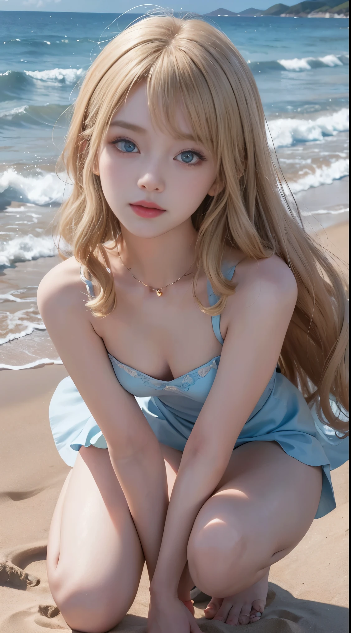 ((seaside, best quality, 8k, master piece :1.3)), full body lesbian, long legs, sharp focus :1.2, beautiful women，perfect body shape :1.4, slim abs, thin thighs :1.1, ((blonde blue eyes, Liu Da, curly、long blonde hair，layered hairstyles,  :1.2)), (flat chest1.2), ((look at the sea, sandy beach:1.3)), Highly detailed face and skin texture, delicate light blue eyes, double eyelid, open your legs，open your knees，view from below，pink transparent，sexy pose, 1人のプラハのgirl, modern art, realism, genre painting, nffsw, anatomically correct, Glossy skin, advanced details, award-winning, High resolution, 8k,(photorealistic stick:1.5)、cute face、fine black eyes、thinかわいい目、detail surface、perfect proportions、(Full body Esbian)、9 years oldのgirl、Angelic、少しsmile、(みんなにdreamを与える人)、(Beauty that captivates the viewer)、发Optics、真昼の南の島のsandy beach、真昼の熱帯のsandy beach、Hawaiian beach at midday、dream、fantasy、Optics、light、about、photorealistic stick、(fractal art:1.10)、background blur、short hair is sexy, so her face.., very cute and beautiful、beautiful glowing skin、beautiful disheveled bangs、Very beautiful and cute sexy bright sky blue eyes、very big eyes、Very long and shiny silky blonde beautiful hair、9 years old , とても美しくて可愛い童顔のgirl、cheek gloss、white and beautiful skin、cyan decoration, 1 girl, smile, (((small breasts))), (((Bokeh))),Depth of written boundary, cute face, looking at the viewer, masterpiece, flat chest、model shooting style, cleavage, full body portrait, sexy pose, ((8k, RAW photo, highest quality, masterpiece), High resolutionの RAW カラー写真によるプロ仕様の写真, (realistic, フォトrealism:1. 37), (highest quality), (best shadow), (Best Illustration), 超High resolution, High-definition CG integrated 8K wallpaper, Physically based rendering, cinematic lighting),goblin、goblingirl 、girl、pink micro bikini、silver hair、silver short hair、white people、Fair skin、small breasts、flat chest、small bust、small hips、small hips、exquisite thighs、extra-thin thighs、、thin、thin、thin、early morning light、full body standing pose、full body shot、full body photo、full body photoを撮ります、Fancy earrings、jewelry earrings、very big earrings、gold earrings、High-end earrings、gold earrings、white garter belt、Jewelry Garter Belt、高級なwhite garter belt、full body shot、full body shot、full body photoを撮ります、flashy tiara、golden tiara、very big tiara、Jewel Tiara、golden tiara、Luxury tiaras、真夏の日のsandy beach、A lively tropical beach at midday、真夏の真昼のsandy beach、flashy full body pose、full body pose of joy、正午にハワイのヤシの木があるsandy beach、flashy necklace、Golden Necklace、luxury necklace、very big necklace、jewelry necklace、正午の南の島の鮮やかなヤシの木があるsandy beach、white garter belt、Garter belt with delicate white pattern、 body shape