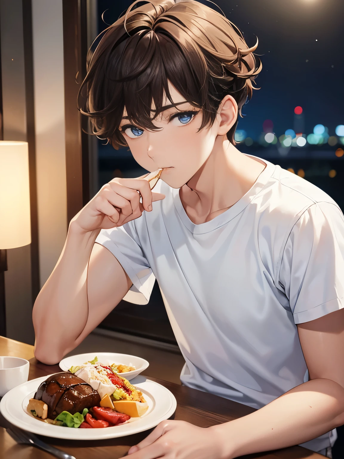 1boy,guy,Eating at the dinner table,talking,at night,blue eyes,18 years old,Curly hair,medium hair,undercut hairstyle,light brown hair,Plain t-shirt, white t-shirt,white trousers,ultra detail, perfect face, hd face, detailed face, masterpiece