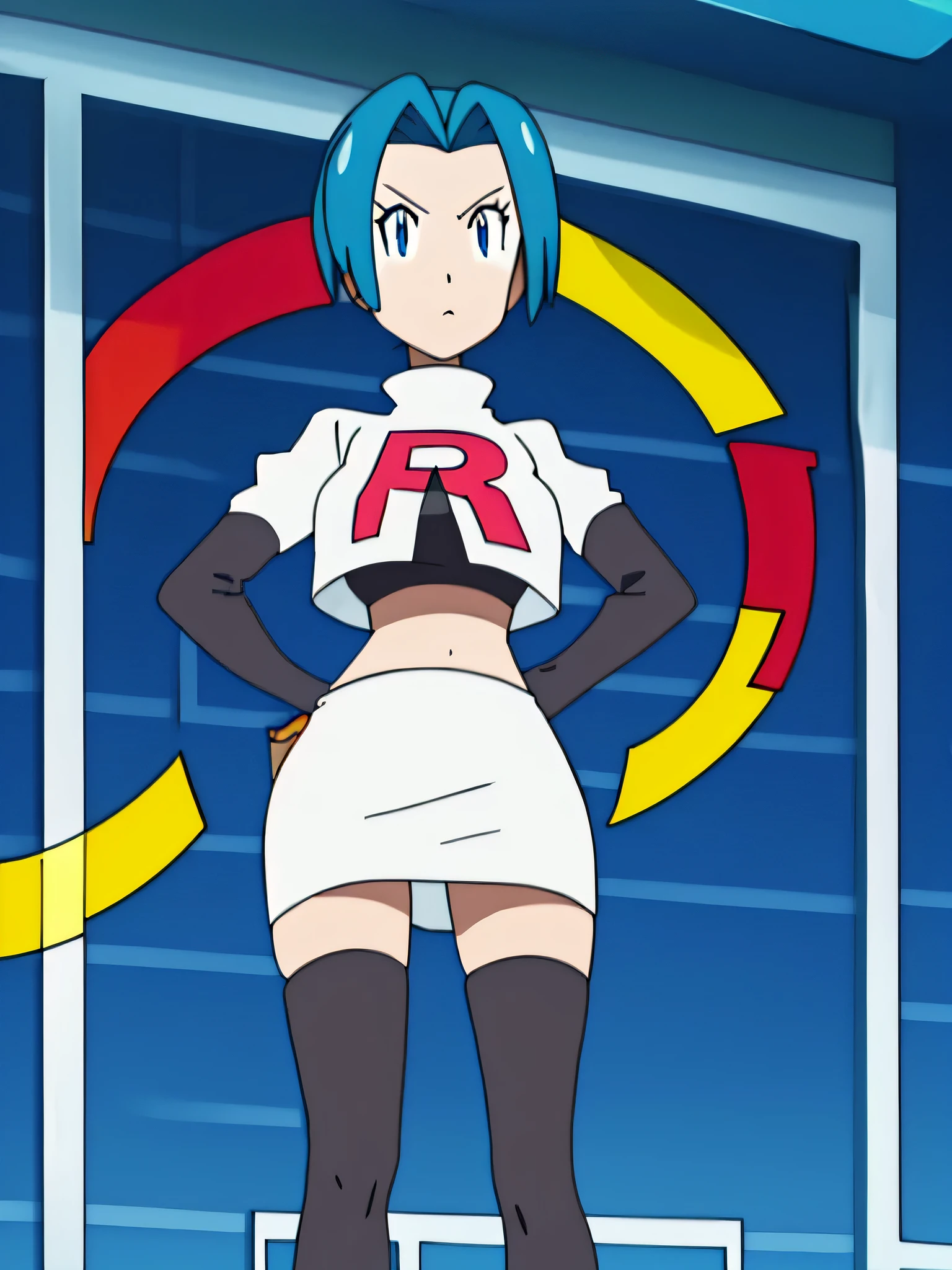 8k, anime screencap,1girl in, (solo:1.1), (perfect body:1.1), (best quality:1.1), very large breast, team rocket uniform, red letter r, white skirt,white crop top,black thigh-high boots, black elbow gloves, glaring angrily, looking down at viewer, hands on hips,zettai ryouiki,cowboy shot