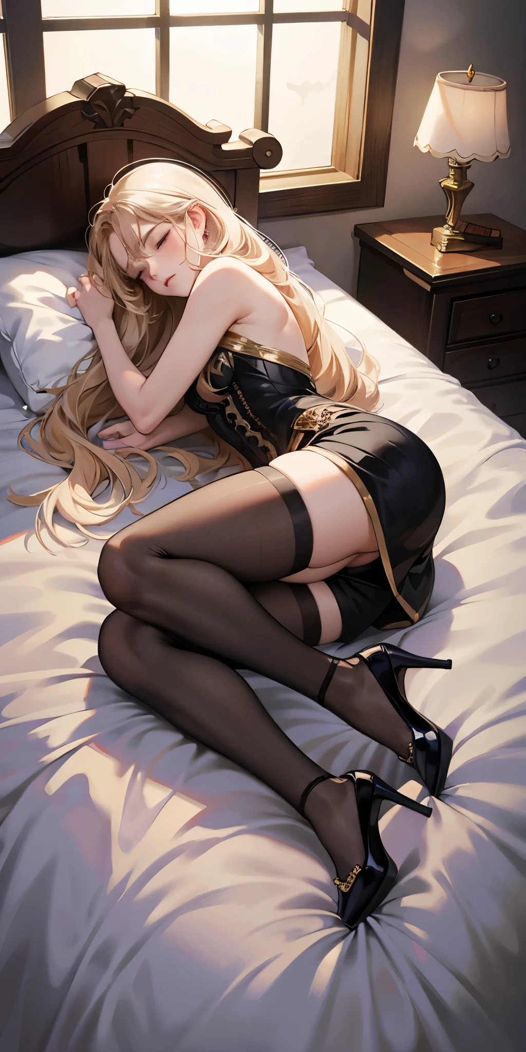 Full body, fetal position, sleeping on bed in the bedroom, high heels, ((Stunning Artwork)), dnd style female slaves
