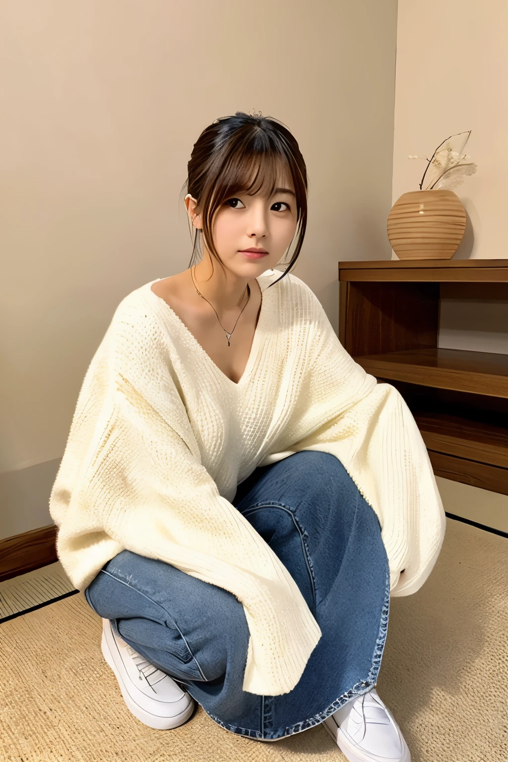A Japanese woman wearing a white V-neck sweater、Realistic photo from the front of a person squatting and mopping the floor