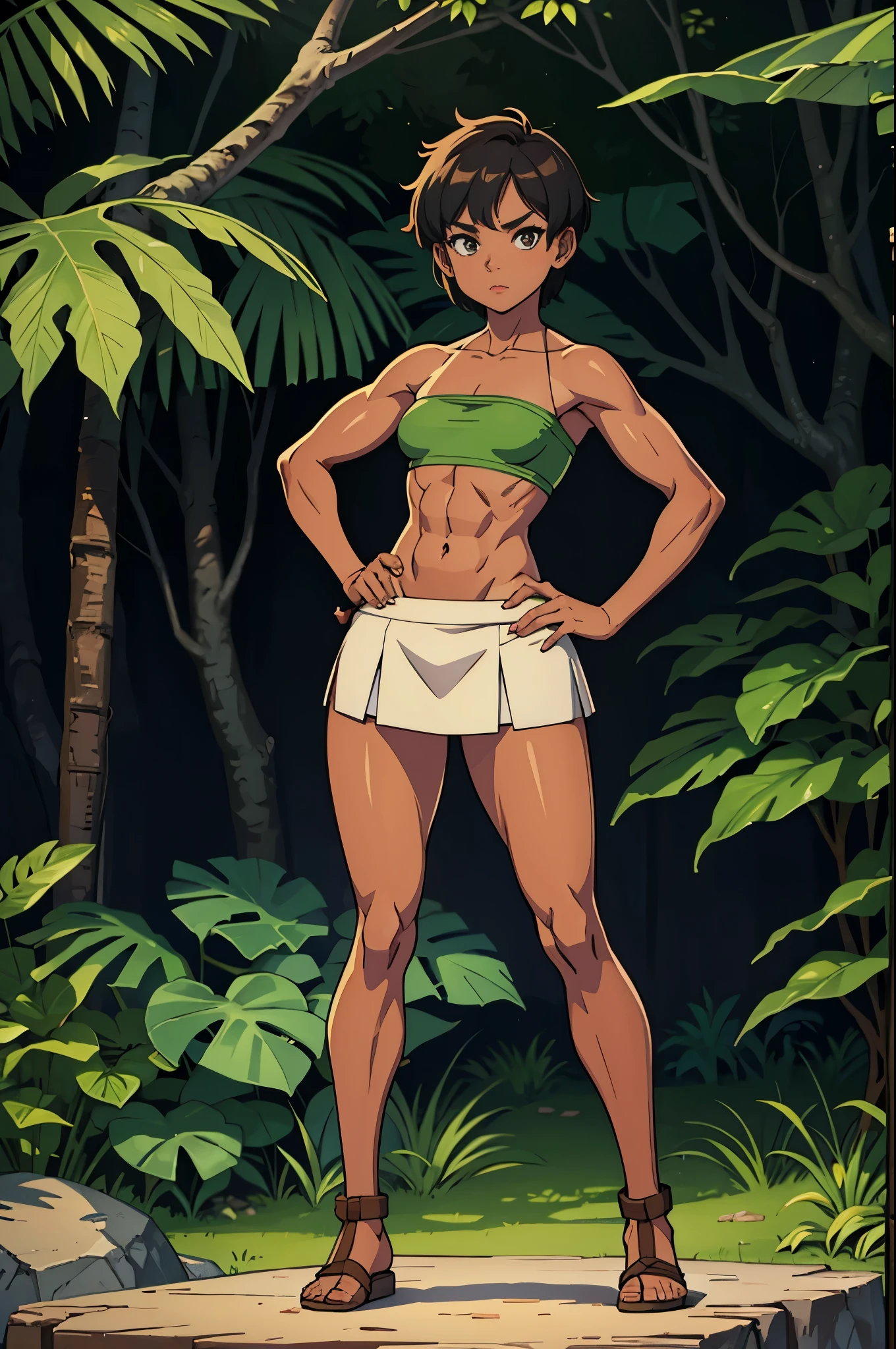 Best quality, masterpiece, 1woman, tomboy, athletic, dark tan colored skin, primitive amazon warrior, tube top bikini, side skirt, short, small breasts, very short black colored hair, jungle rainforest background setting,