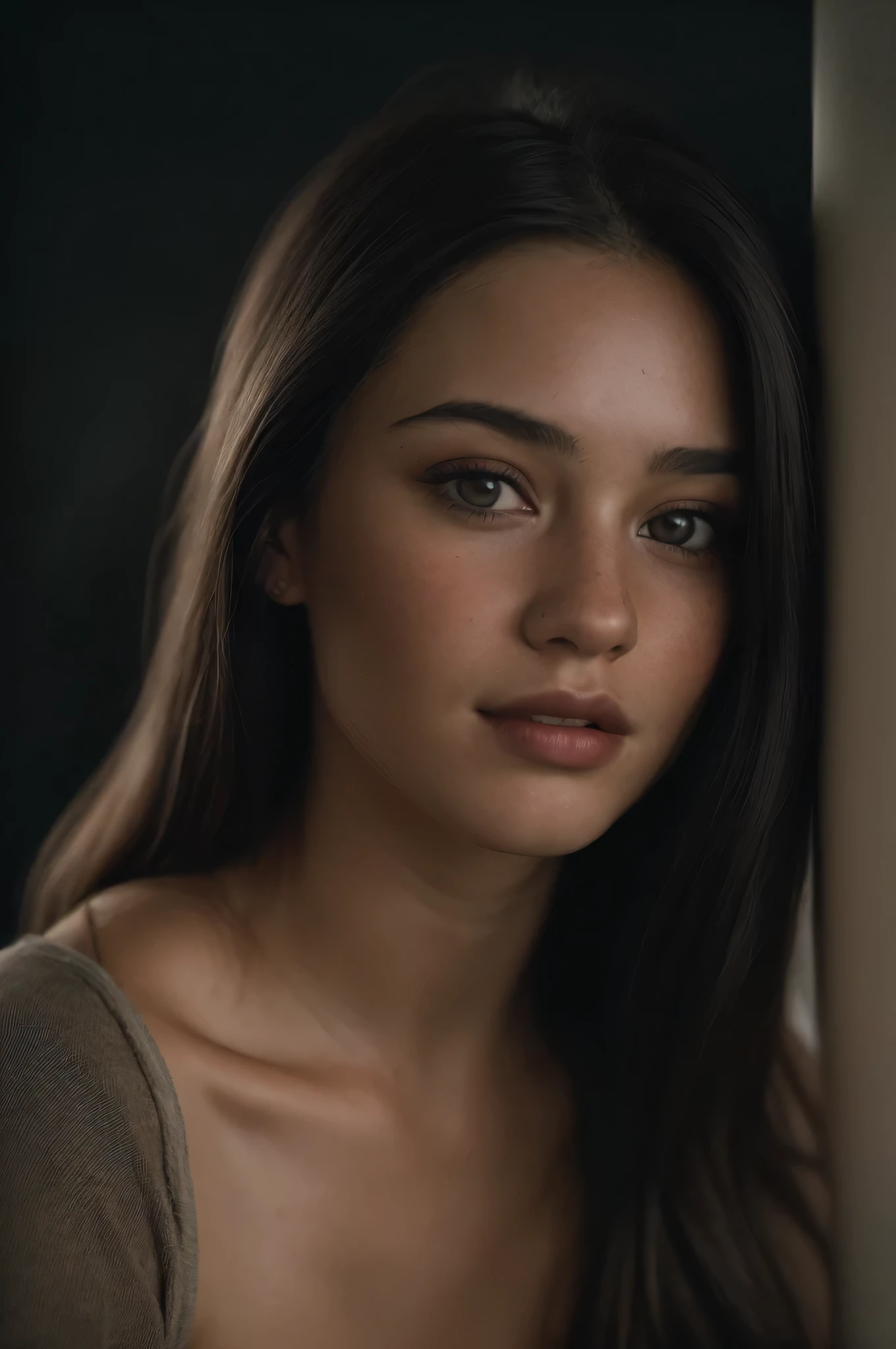 (close-up, editorial photograph of a 25 year old woman), (highly detailed face:1.4) (smile:0.7) (background inside dark, moody, private study:1.3) POV, by lee jeffries, nikon d850, film stock photograph ,4 kodak portra 400 ,camera f1.6 lens ,rich colors ,hyper realistic ,lifelike texture, dramatic lighting , cinestill 800,