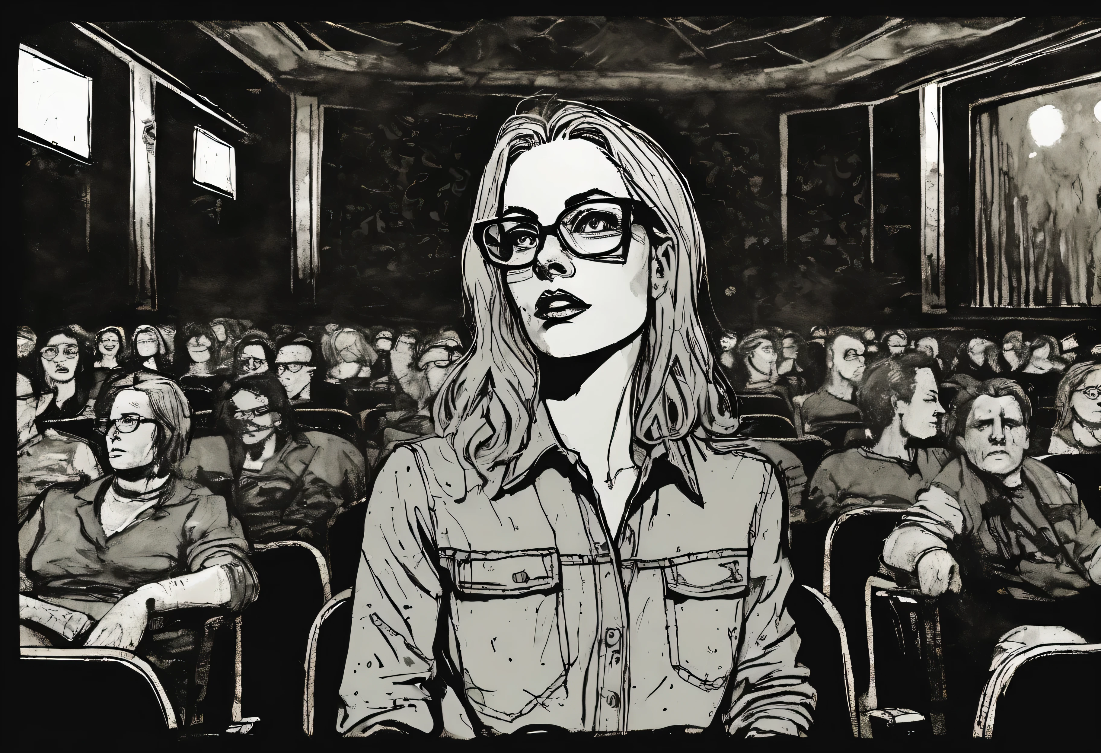 candid illustration of a splash panel comic in art style of Sean Gordon Murphy, splash panel comic. Utilize harsh ink lines, and ink blot art style, watercolor. Depict a detailed background of the cinema movie theater, with aged and decayed elements, including empty seating. Niamh Algar's face is softly illuminated by the glow of the movie screen in front of her. Niamh's glasses reflect the glow of the light of the film.Emulate Murphy's expressive ink techniques, distinctive line work, and bold compositions. Niamh is seated in a weathered and haunting movie theater, embodying Murphy's gritty aesthetic. Emulate Murphy's expert use of lines, from precise and harsh strokes to dynamic and expressive linework. Explore his penchant for bold compositions and exaggerated perspectives that convey a sense of movement and energy.