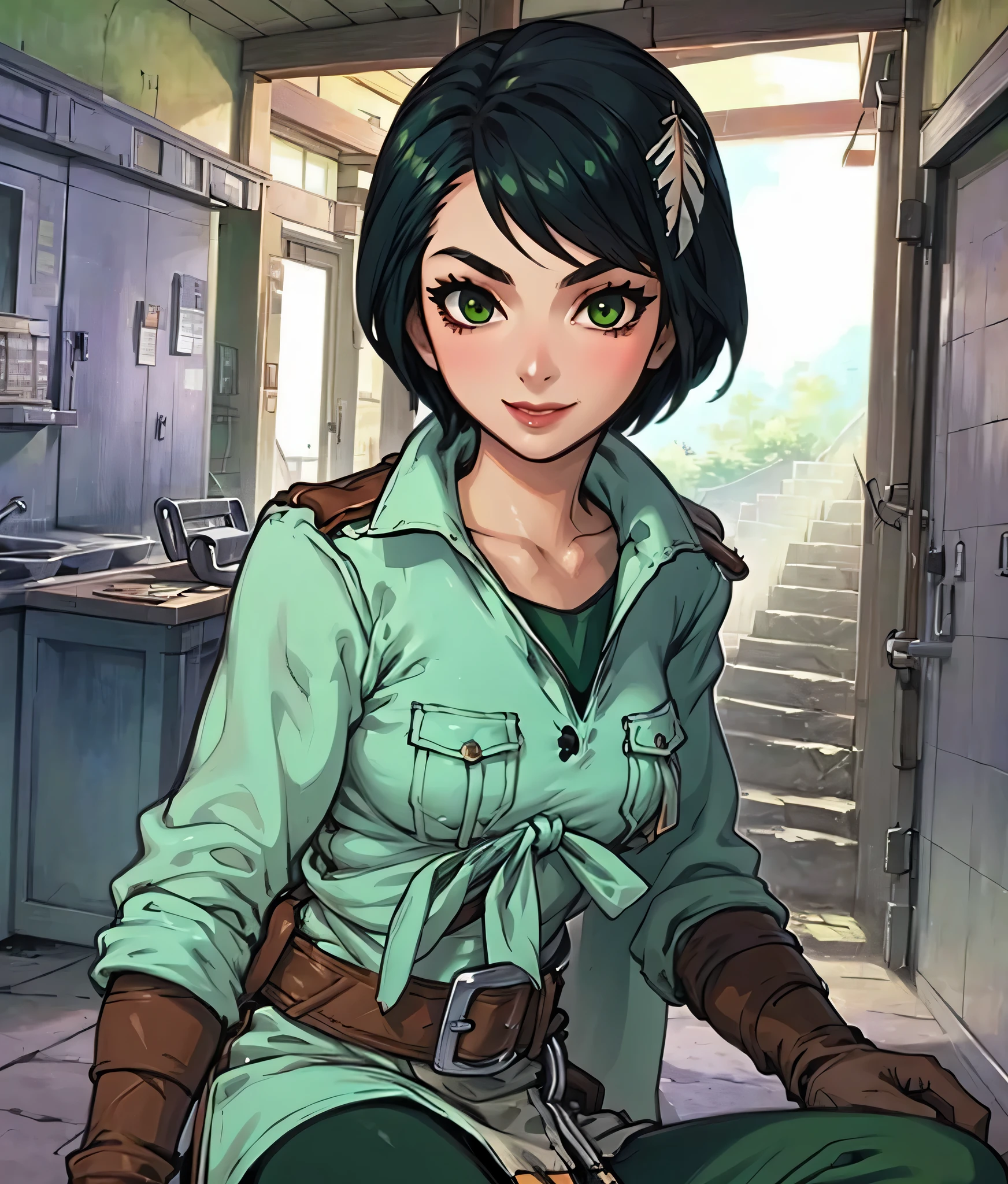 masterpiece, anime screencap, 1girl, solo, short hair, feather ornament, black hair, green shirt, black pants, gloves, boots, sitting, smile, drinking, beer, indoors, tavern, full body, cowboy shot
