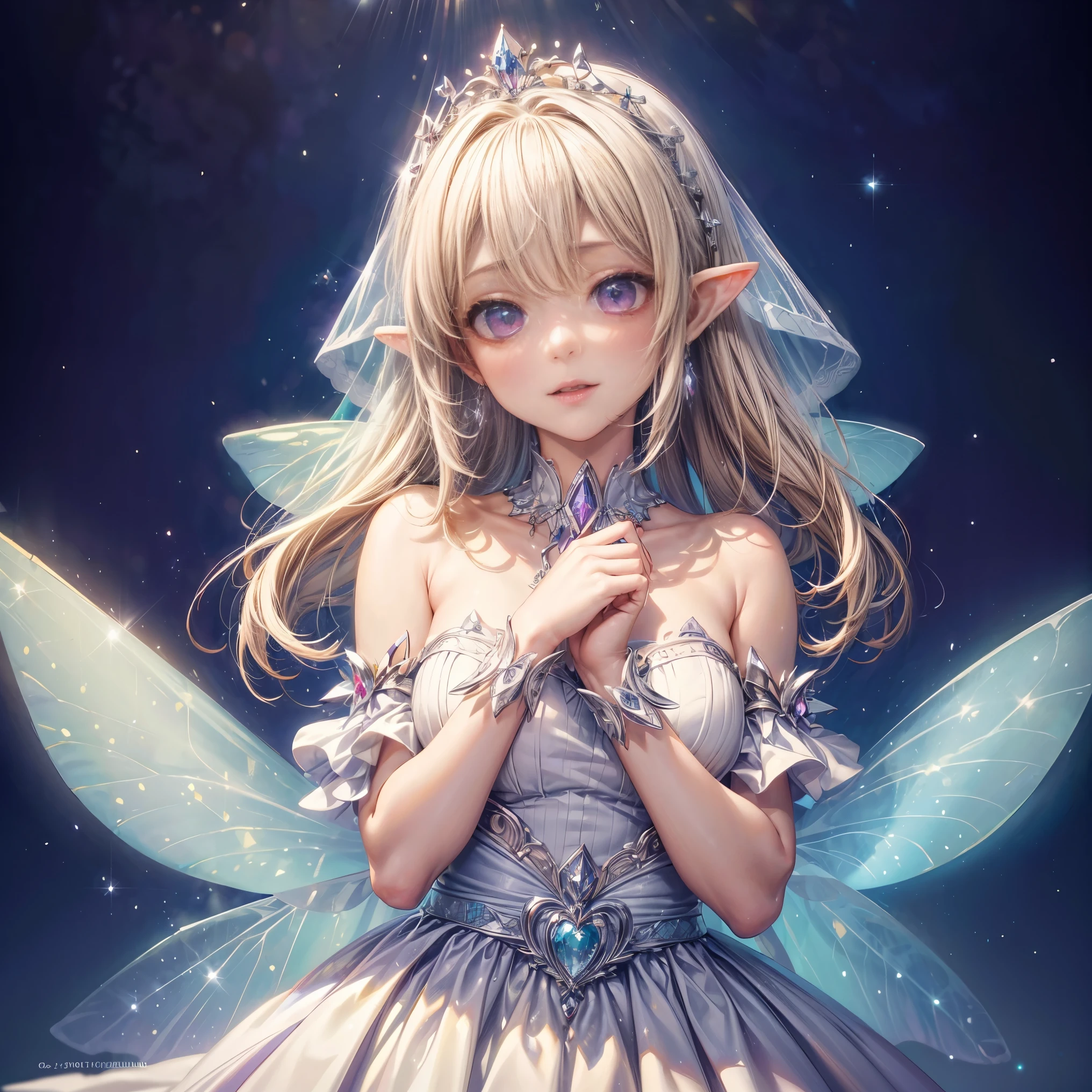 (highest quality, masterpiece, Super detailed, very detailed, exquisite, 16k,Full HD),upper body close-up, (((white background))),(fairy princess, purple eyes, Big eyes, white skin,slim, blonde,thin and long,Huge fairy wings from slightly above the waist),tiara,earrings,choker,light blue ball gown dress,(laughing),  虹色にshineクリスタル,(fantasy, romantic atmosphere), magic light, realistic,photo from the shoulders up ,shine,white light,Gentle atmosphere