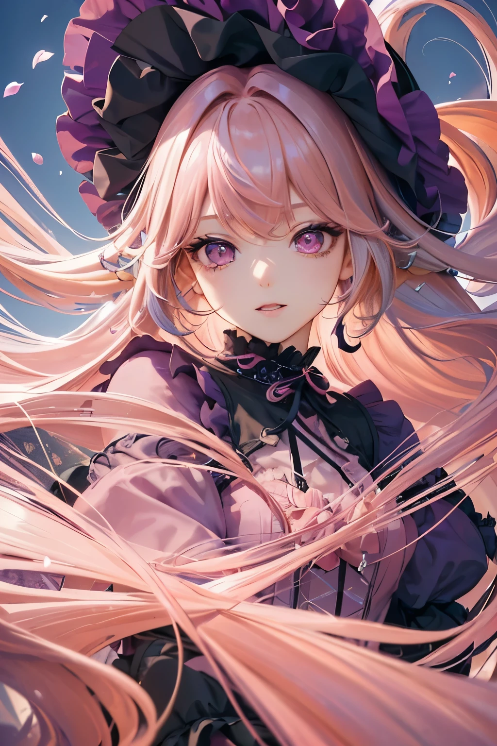 4K quality:1.2,1girl,sense of deps,disorganized,catch light,super beautiful illustrations,falling petals,(((pink hair,long hairstyles:1.3))),eye shadow,((black clothes,gothic lolita)),Upper body,;D,beautiful and delicate flowing hair,((Delicate and detailed beautiful purple eyes)),angel wings,emphasized chest