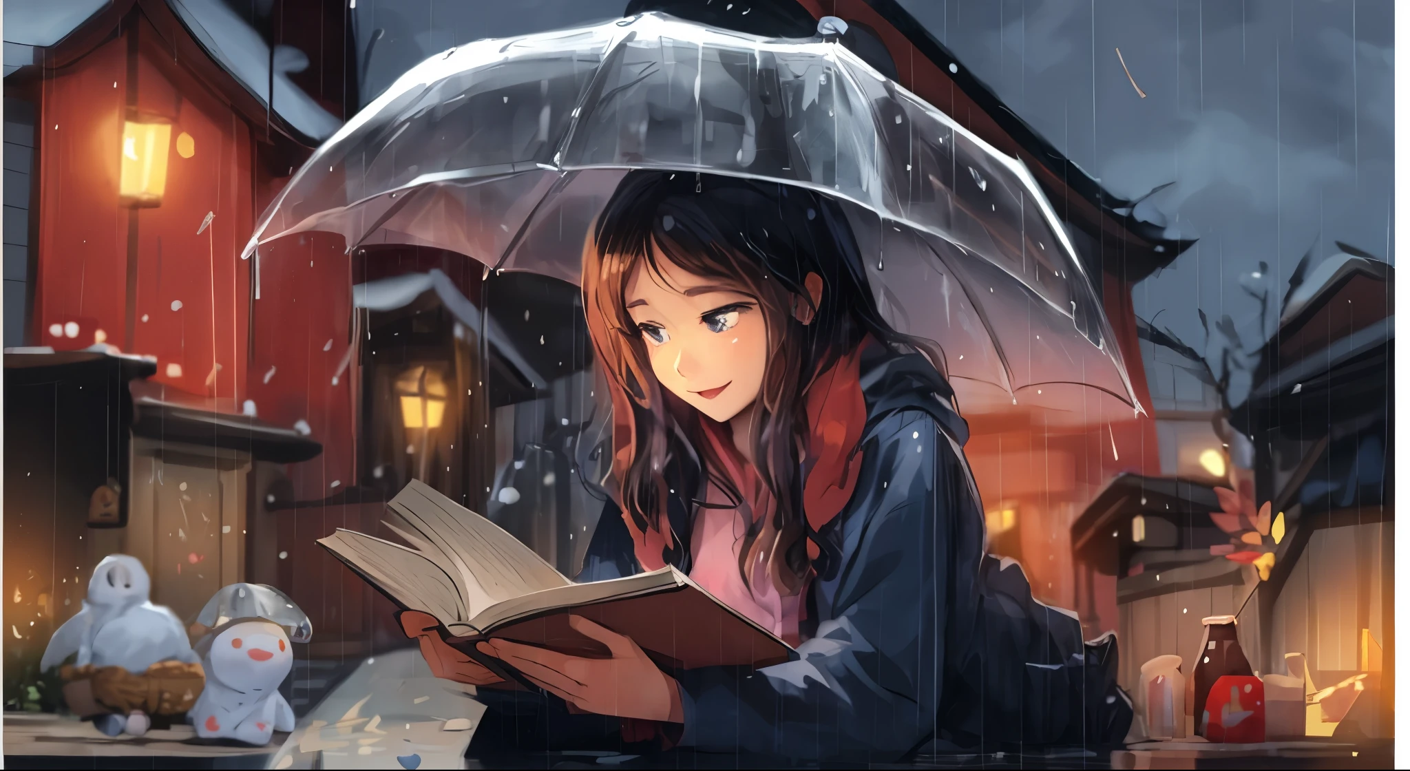 anime girl 本を読んでいる in the rain with an umbrella