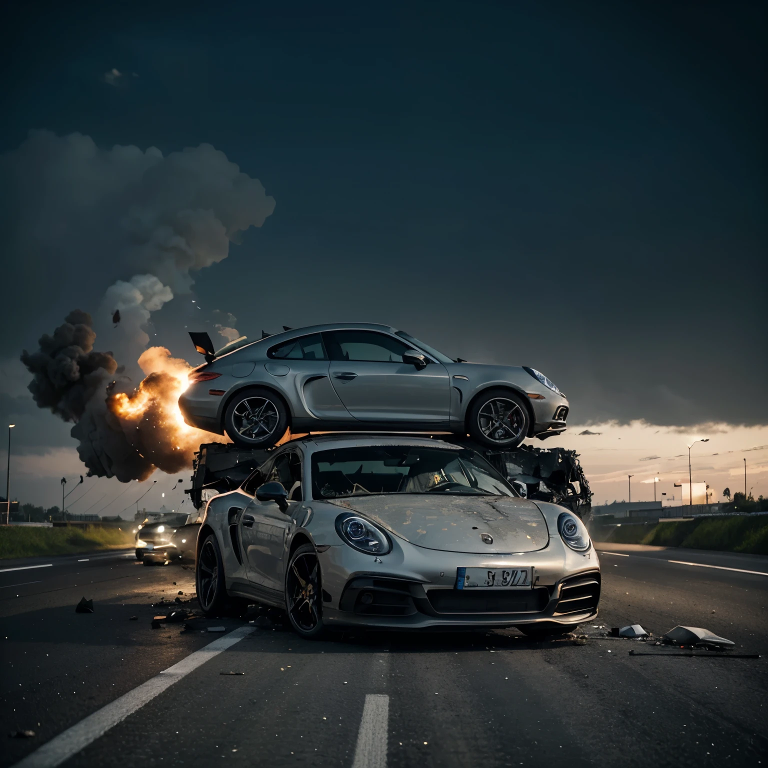 Auf einer Autobahn fahren ein Porsche und ein Mercedes mit hoher Geschwindigkeit von 200 km/h. Suddenly they lose control and crash violently into each other. The vehicles are almost completely destroyed, with debris everywhere and smoke, der aus den Motorhauben aufsteigt. Die Szene ist realistisch dargestellt, with the highway as a background and rubble, which are scattered across the road. Es sind genau zwei Beteiligte Fahrzeuge, ein Porsche und ein Mercedes, die in dem Unfall verwickelt sind.
