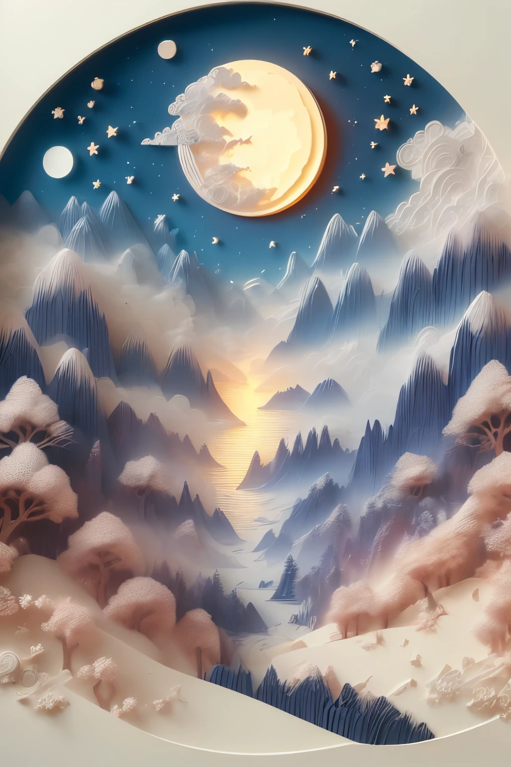 (((masterpiece))),best quality, illustration,paper relief, Can you help me draw a sketch of an abstract colorful night sky and foggy moon