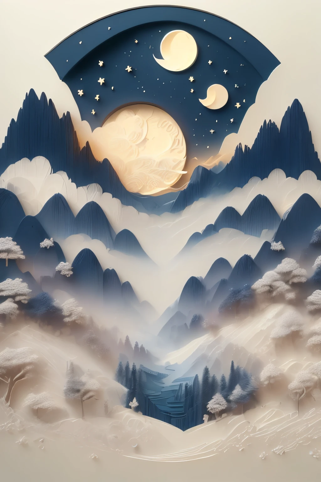 (((masterpiece))),best quality, illustration,paper relief, Can you help me draw a sketch of an abstract colorful night sky and foggy moon