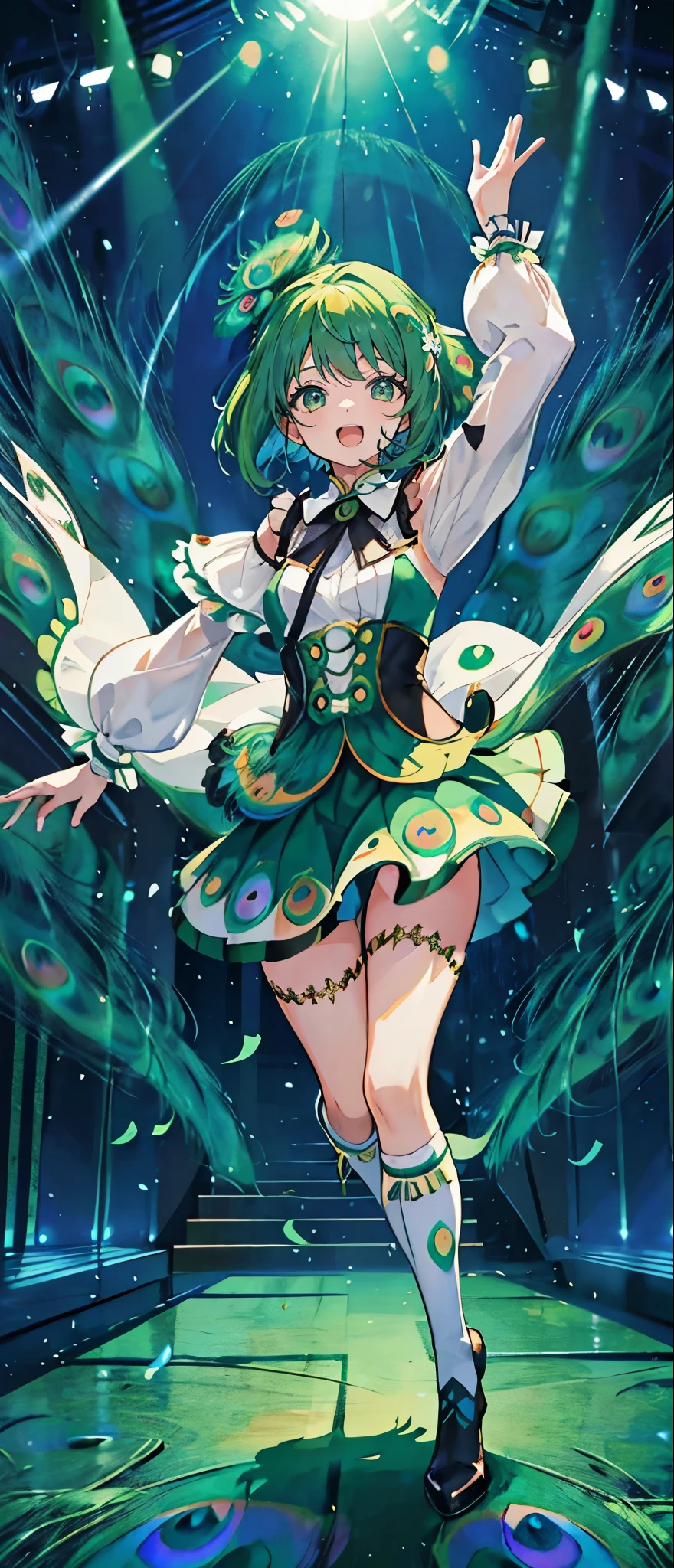 (muste piece), (best quality), very detailed, ((1 girl)), solo full body shot，Viewer&#39;s perspective，dancing，(smile)，wink，perfect face, beautiful face, very detailedな顔，((peacock green hair_middle hair_peacock green eyes:1.3))，Gorgeous idol costumes，ruffle skirt，solo idol，ribbon hair ornament，ribbon boots，knee high socks，concert dome，live，have a microphone，singing，smiling with mouth wide open，Laser Light，Spotlight，Lots of confetti、A large amount of petals dance