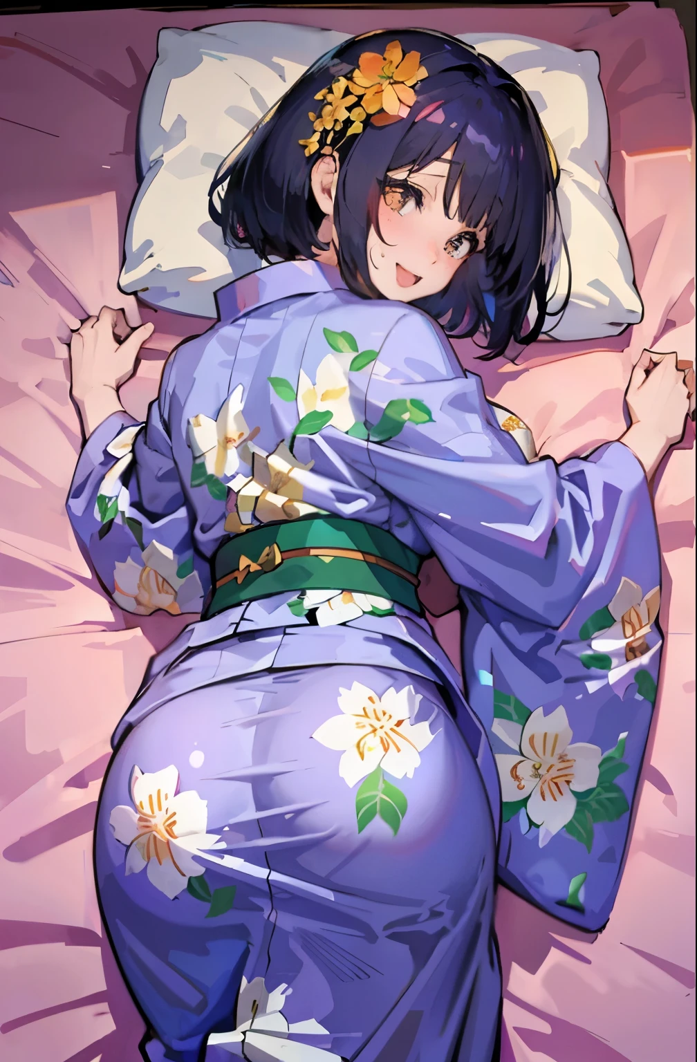 masterpiece, highest quality, Bedroom, show off panties, summer yukata, Yukata came off, 20 years old Japanese beauty, flower hair ornament, thin, very big breasts, very soft breasts, bob cut hair, colorful hair, summer, on the futon, sweating, smile, whole body, taken from behind, look back at us,