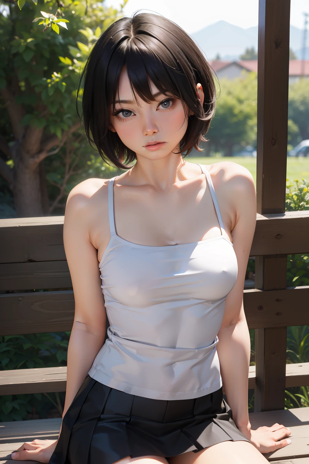(masterpiece, best quality:1.2), sfw, 1girl, solo, solo focus, looking at viewer, camisole, miniskirt, pokies, Sensual posture, beautiful, beautiful face, short hair, sexy idol gorgeous face, female model, 19 years old, realistic young gravure idol, upright, short black hair, cute, outdoor,