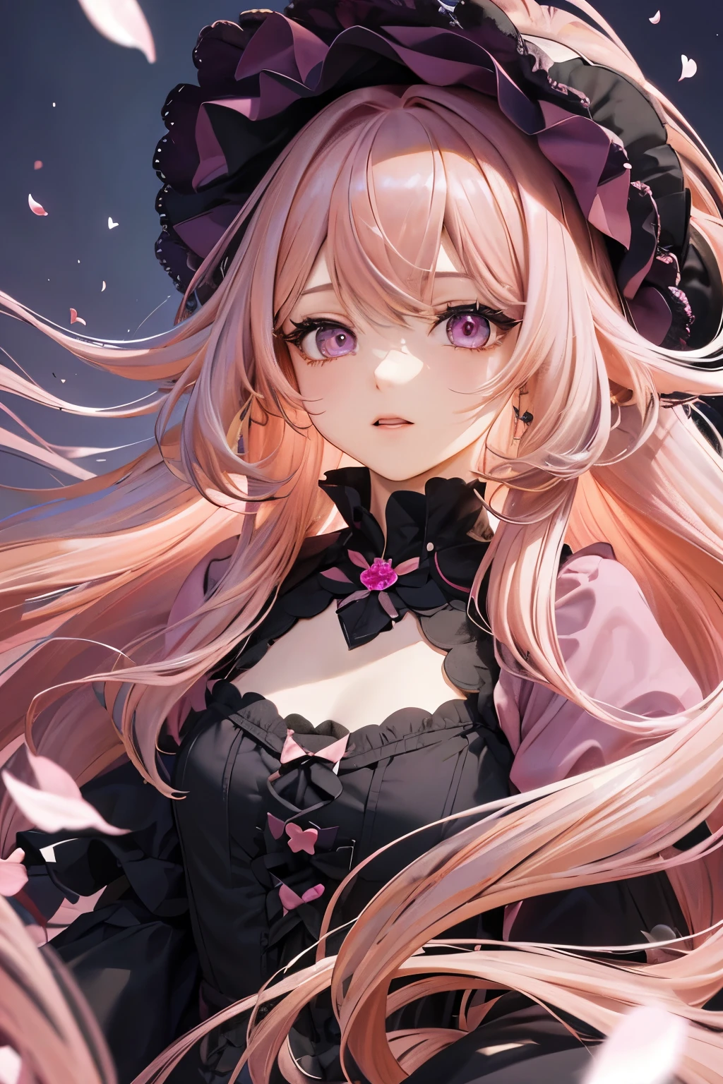 4K quality:1.2,1girl,sense of deps,disorganized,catch light,super beautiful illustrations,falling petals,(((pink hair,long hairstyles:1.3))),eye shadow,((black clothes,gothic ta)),Upper body,;D,beautiful and delicate flowing hair,((Delicate and detailed beautiful purple eyes)),angel wings,emphasized chest,skyline