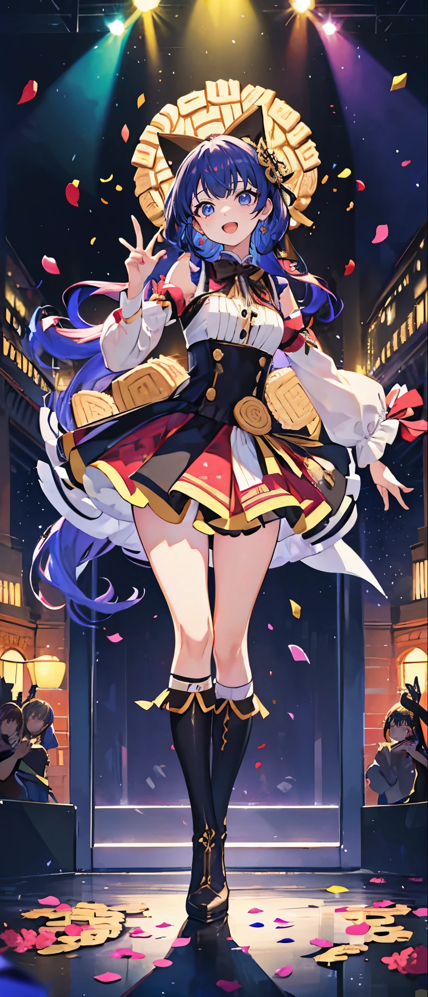 (muste piece), (best quality), very detailed, ((1 girl)), solo full body shot,Viewer's perspective,dancing,(smile),wink,perfect face, beautiful face, very detailedな顔,((biscuit colored hair_curly semi-long hair_biscuit colored eyes:1.3)),Gorgeous idol costumes,ruffle skirt,solo idol,ribbon hair ornament,ribbon boots,knee high socks,concert dome,live,have a microphone,singing,smiling with mouth wide open,Laser Light,Spotlight,Lots of confetti、A large amount of petals dance