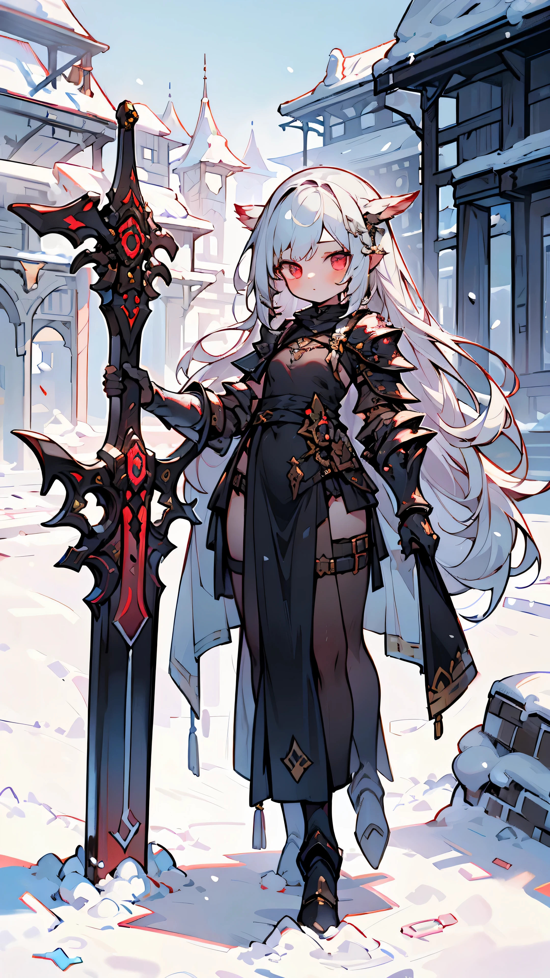 masterpiece, best quality, ff14style, Final Fantasy 1 girls, full armor, very long straight hair, silver hair, small breasts,  girl, full body, princess knight, long dress with armor parts, red+black clothes, carrying a black sword, outdoors, snow